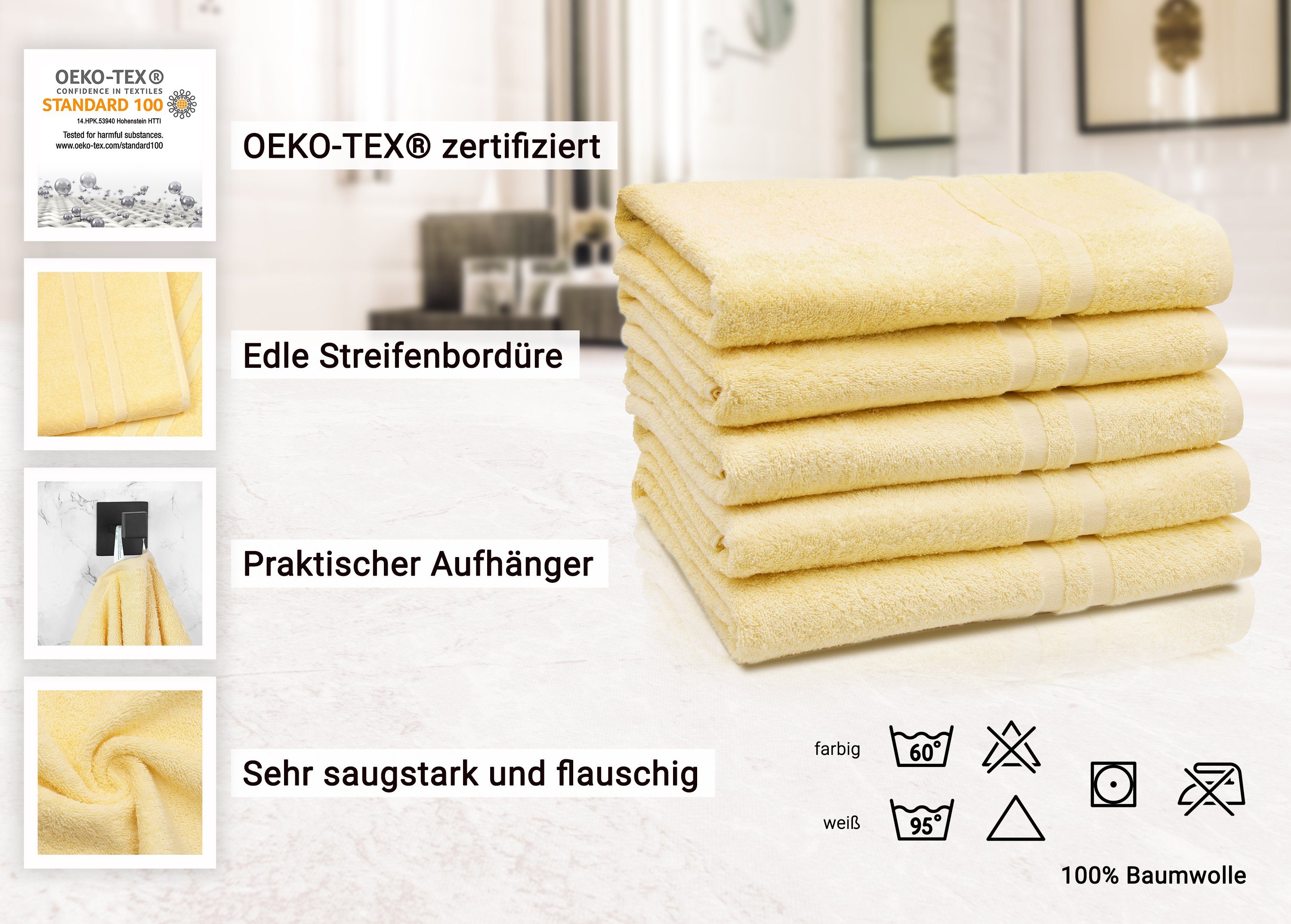 ZOLLNER Duschtücher, Walkfrottier (5-St), 140 100% Baumwolle, 70 gelb x cm, vom Hotelwäschespezialisten