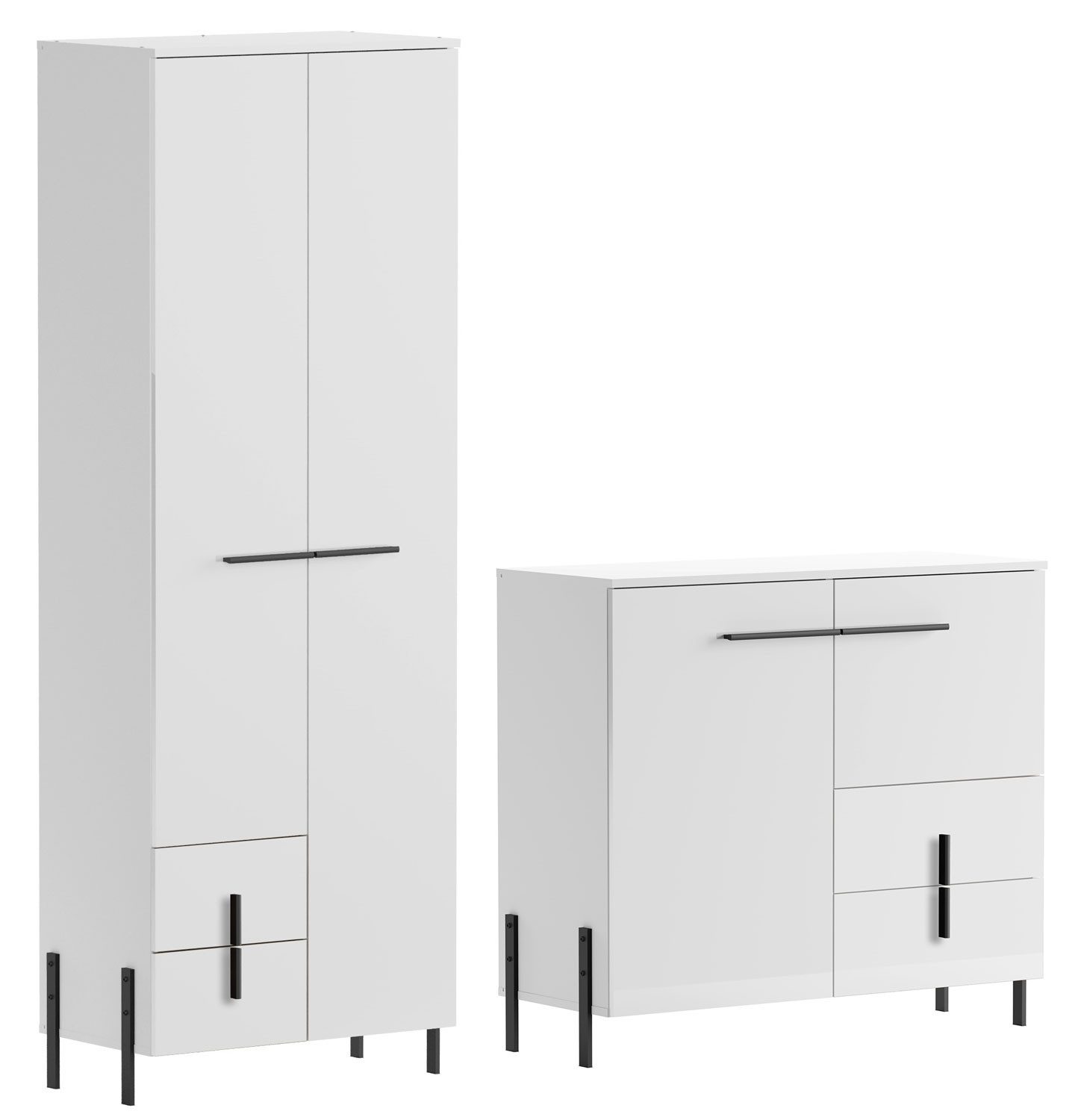 Feldmann-Wohnen Garderoben-Set Vigo, (1 Garderobenschrank (2-türig), 1 Kommode (2 Türen und 2 Schubladen), 2-St., moderne Optik, Kunststoffgriffe, ausziehbarer Kleiderbügelhalter), 2-teilig weiß Hochglanz