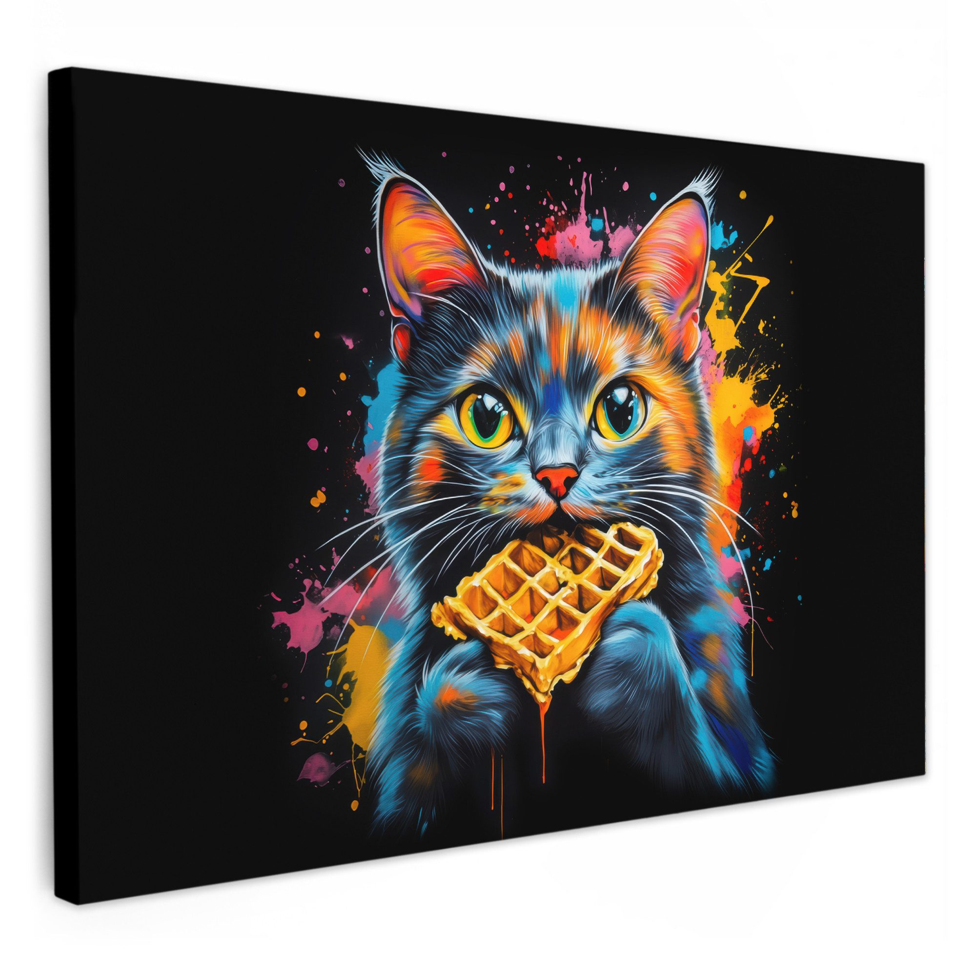 OneMillionCanvasses® Leinwandbild Katze - Graffiti - Bunt - Waffel - Essen, günstig online kaufen