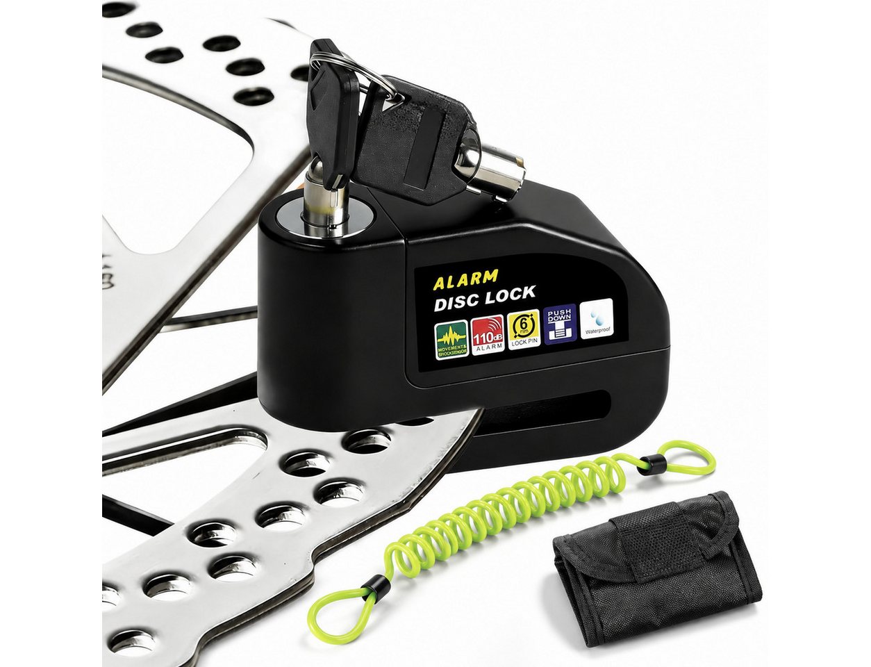 Fyrove Bremsscheibenschloss mit Alarm 110dB, Motorradschloss mit Erinnerungskabel (Diebstahlsicherung für Motorrad, Fahrrad und Scooter), wasserdichtes Sicherheitsschloss mit Aluminiumgehäuse