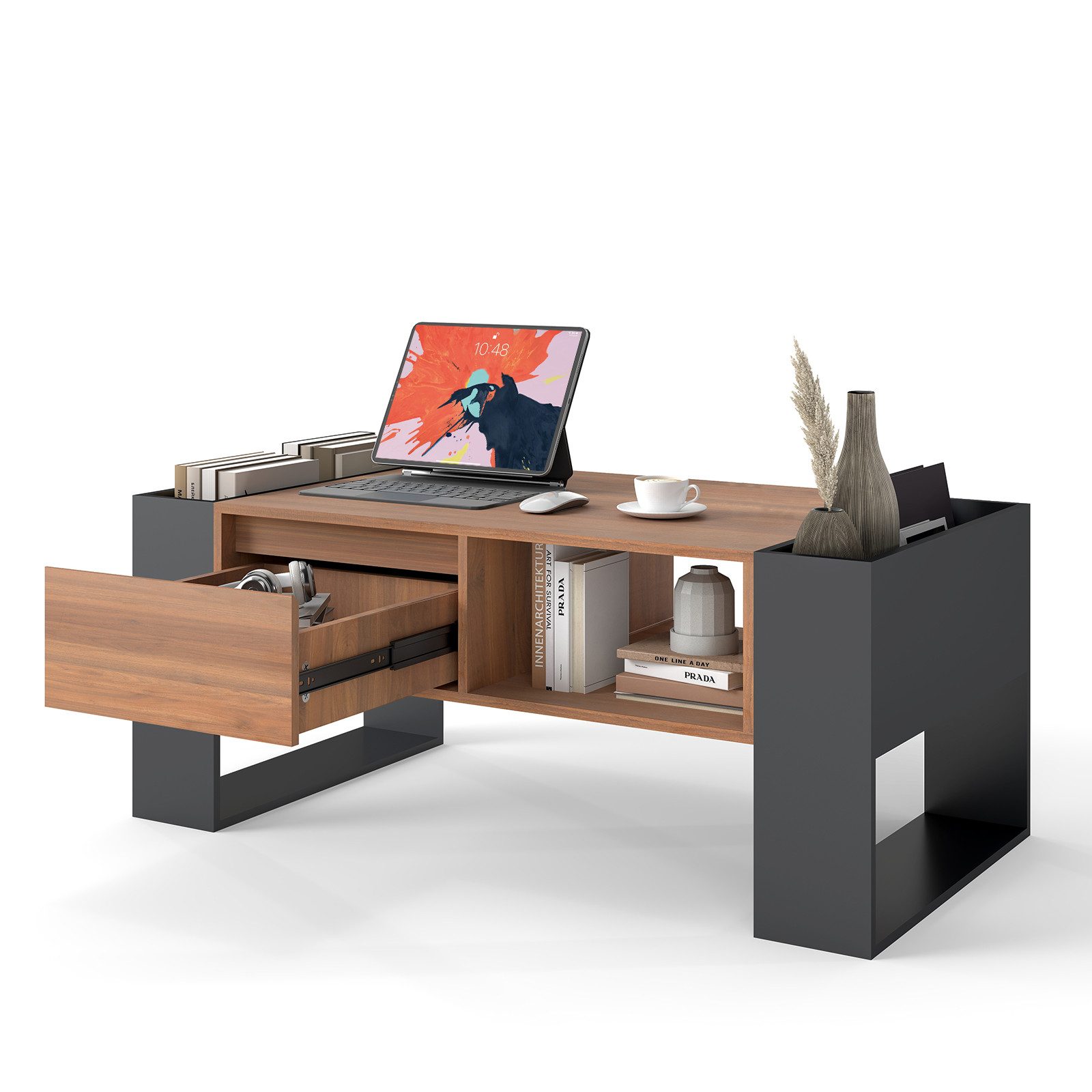 Puluomis Couchtisch Couchtisch mit offenem Regal und Schublade, 98cm günstig online kaufen