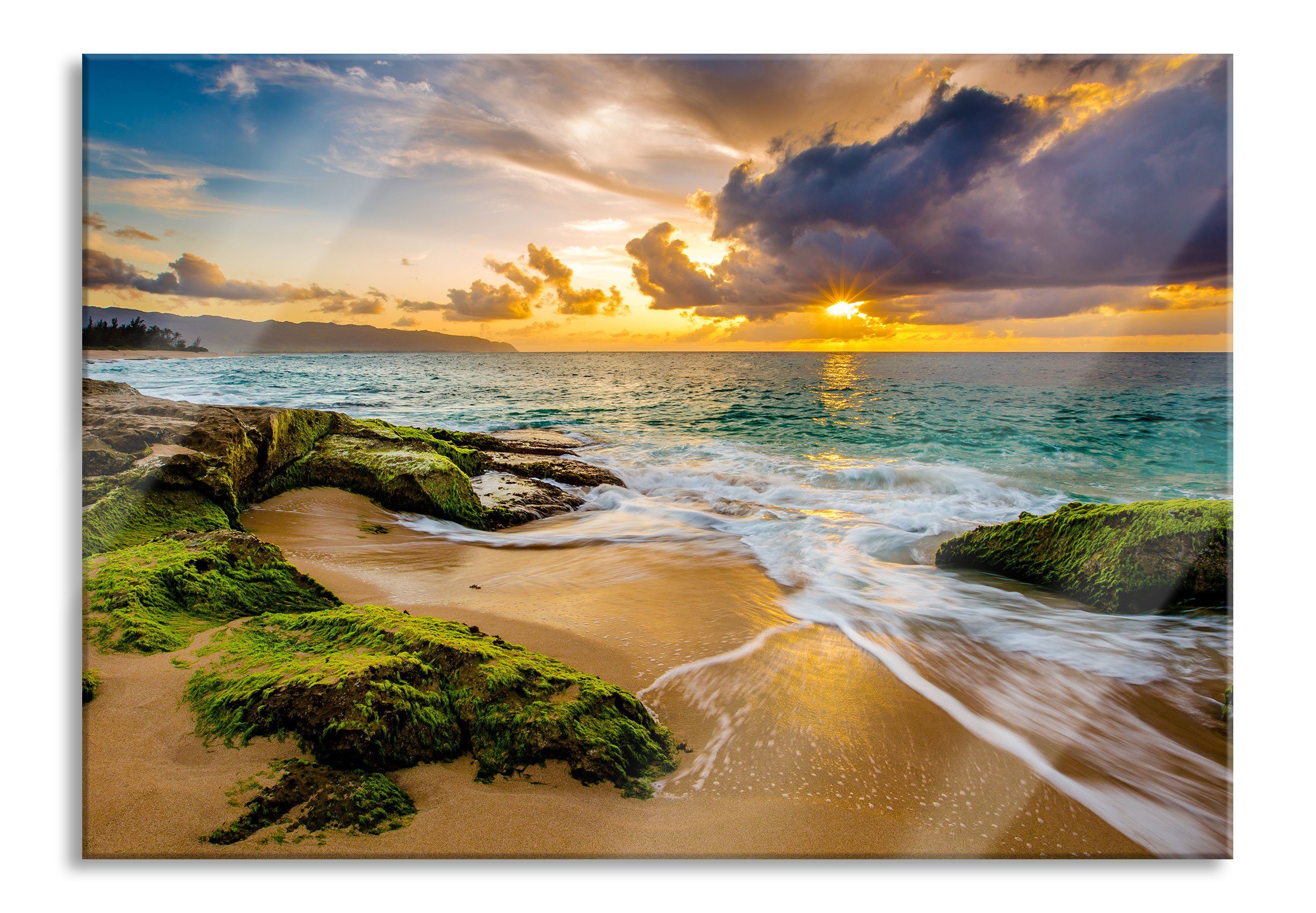 Glasbild Sonnenuntergang auf Hawaii