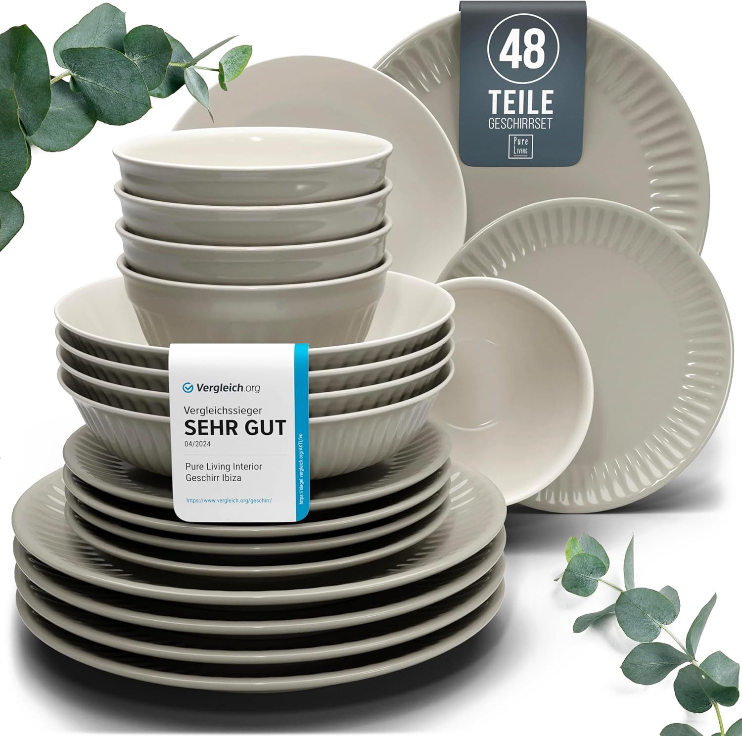 PURE LIVING INTERIOR DESIGN Geschirr-Set Pure Living »Hygge« (48-tlg), 12 Personen, Steingut Hellbraun, 12 Personen, Steingut, Skandinavisches Design mit Riffelstruktur, Harmonische Farbgebung, Ma…