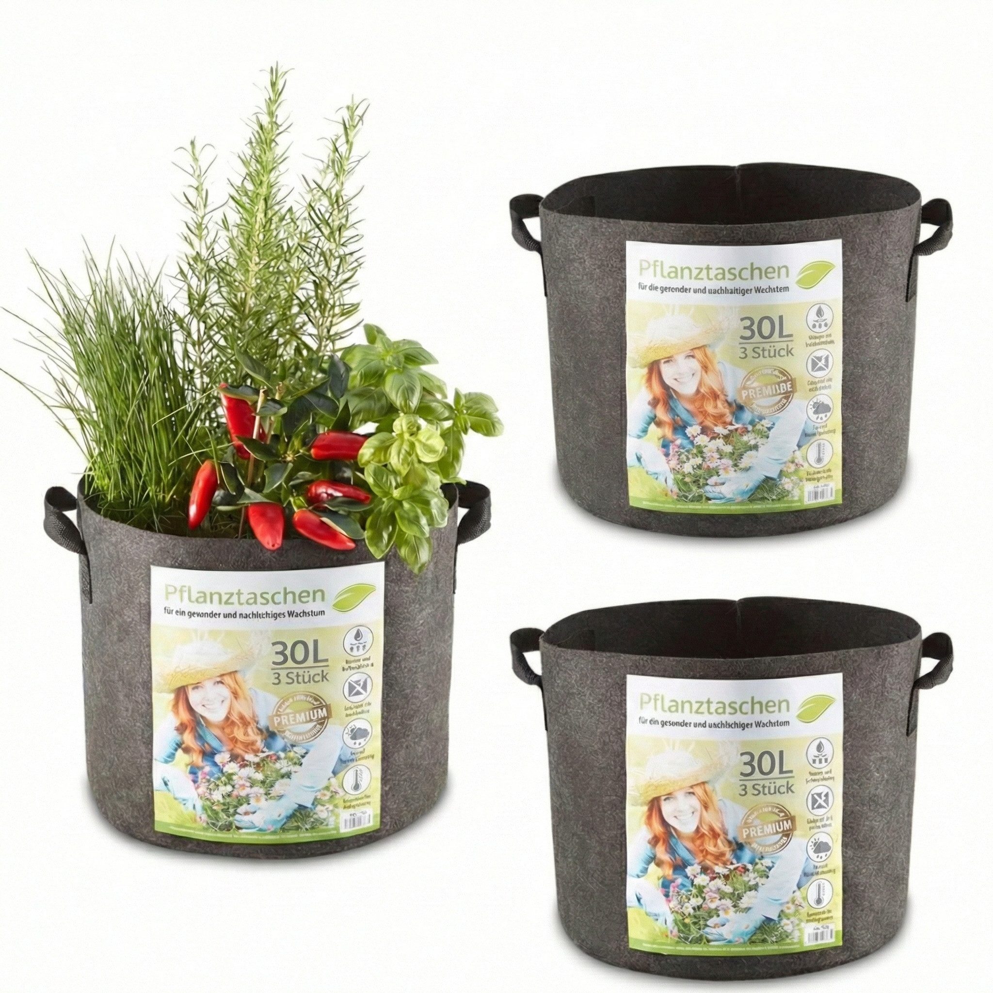 Zooprinz Pflanzkübel Pflanzsack Pflanztaschen 3er & 6er Sets 30 Liter 60 Liter (3 St), 260 g/m² Vliesstoff, Wasserabfluss, UV- und witterungsbeständig