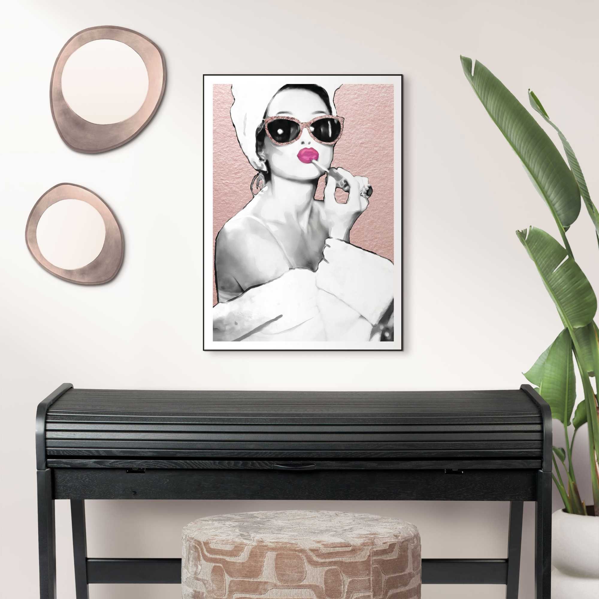 Reinders! Poster Lipstick Beauty, Schlafzimmer - Frau - Sonnebrille - Rosa - MDF - Fashion - 50x70 cm