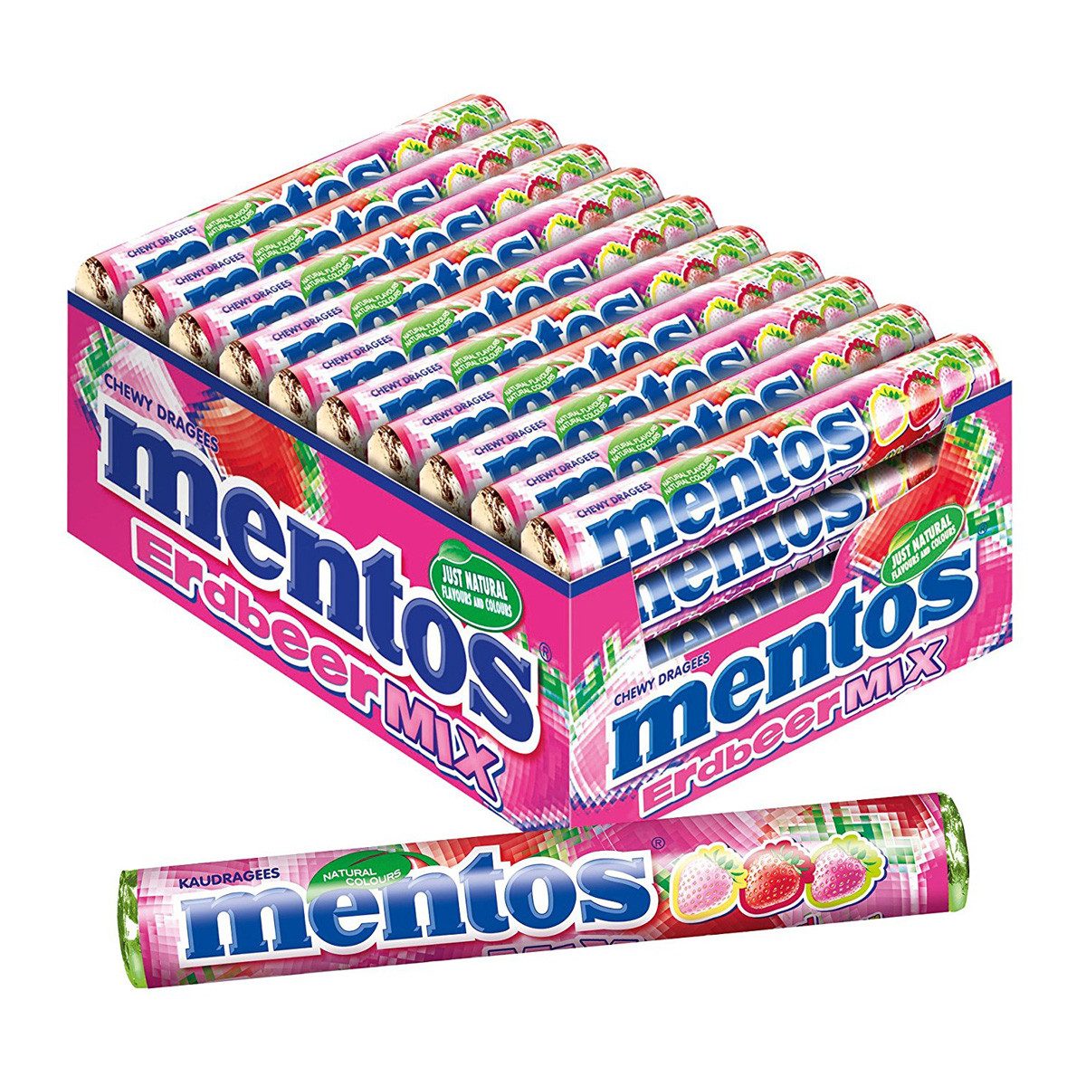 MENTOS Süßigkeit, Mentos Erdbeer Mix Dragees 40 Rollen Erdbeere süß und sauer 1500g