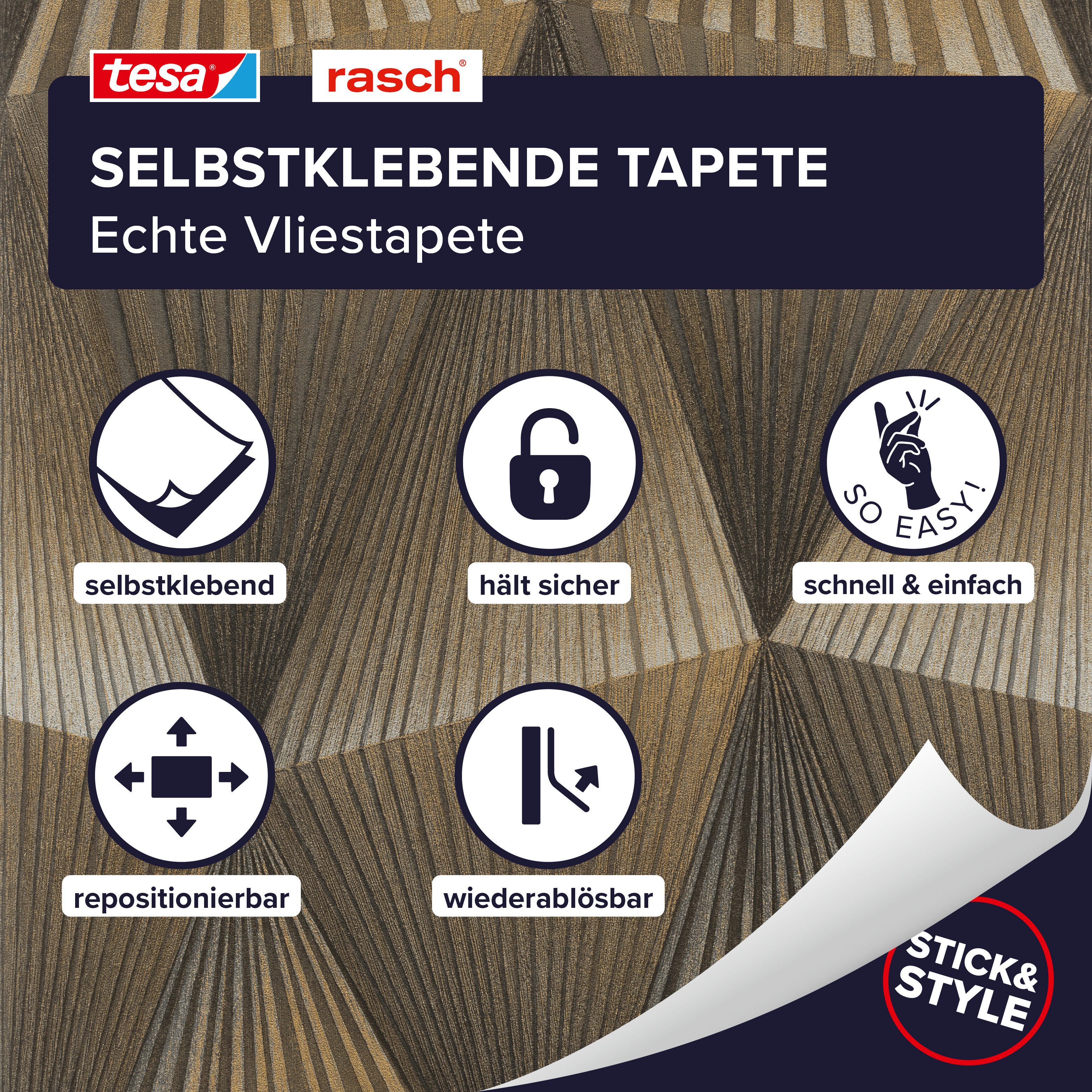 Rasch Vliestapete Cairo - Selbstklebende Tapete 3D Effekt von tesa® x rasch®, strukturiert, 3D-Optik, geometrisch, Gold-Optik, (1 St), selbstklebend, 6,00m x 0,53m