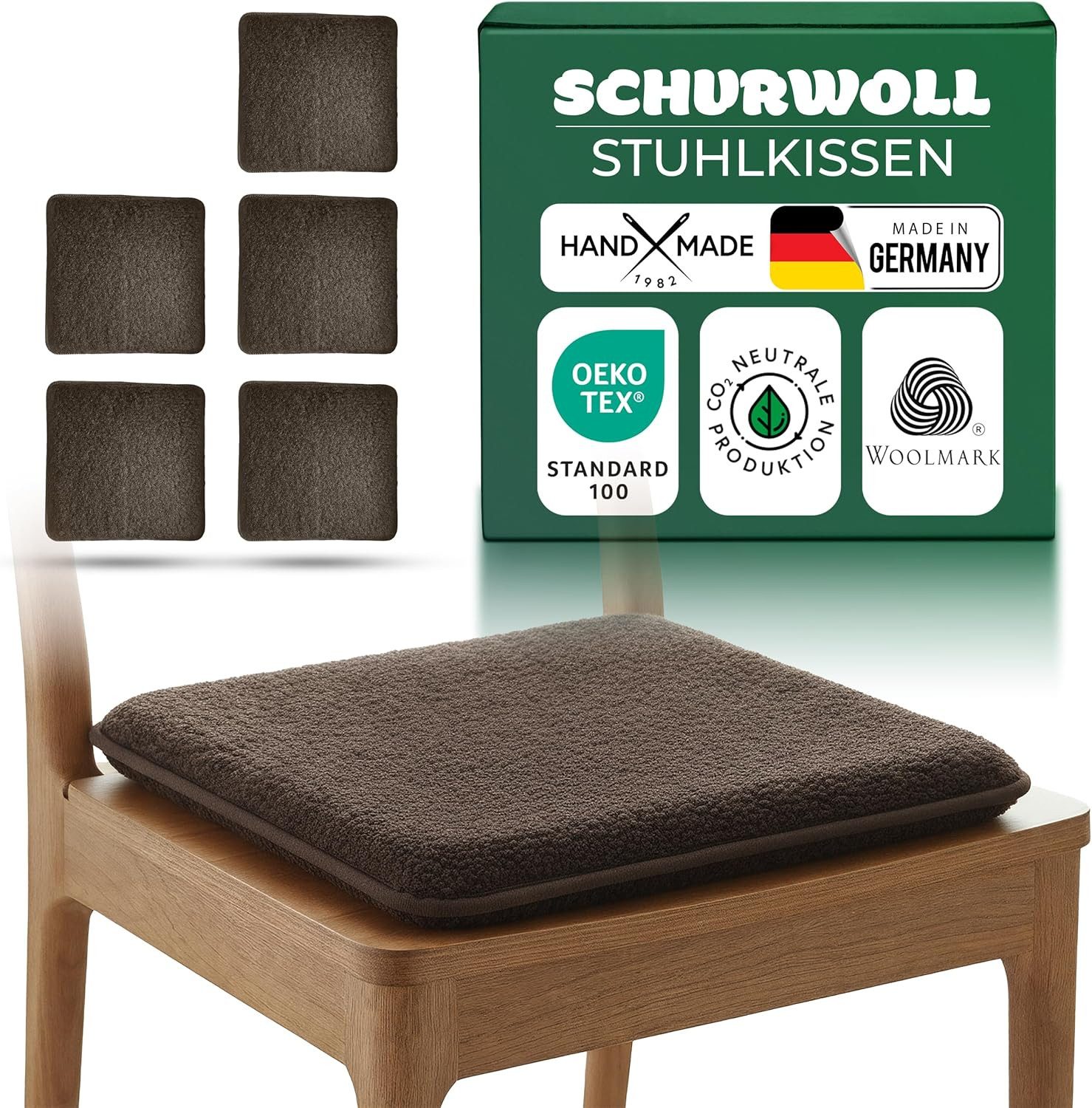 Novaliv Haltungskissen, 1-tlg., Novaliv 6er Set Sitzkissen Schurwolle beidseitig 38 x 38 cm braun, wen