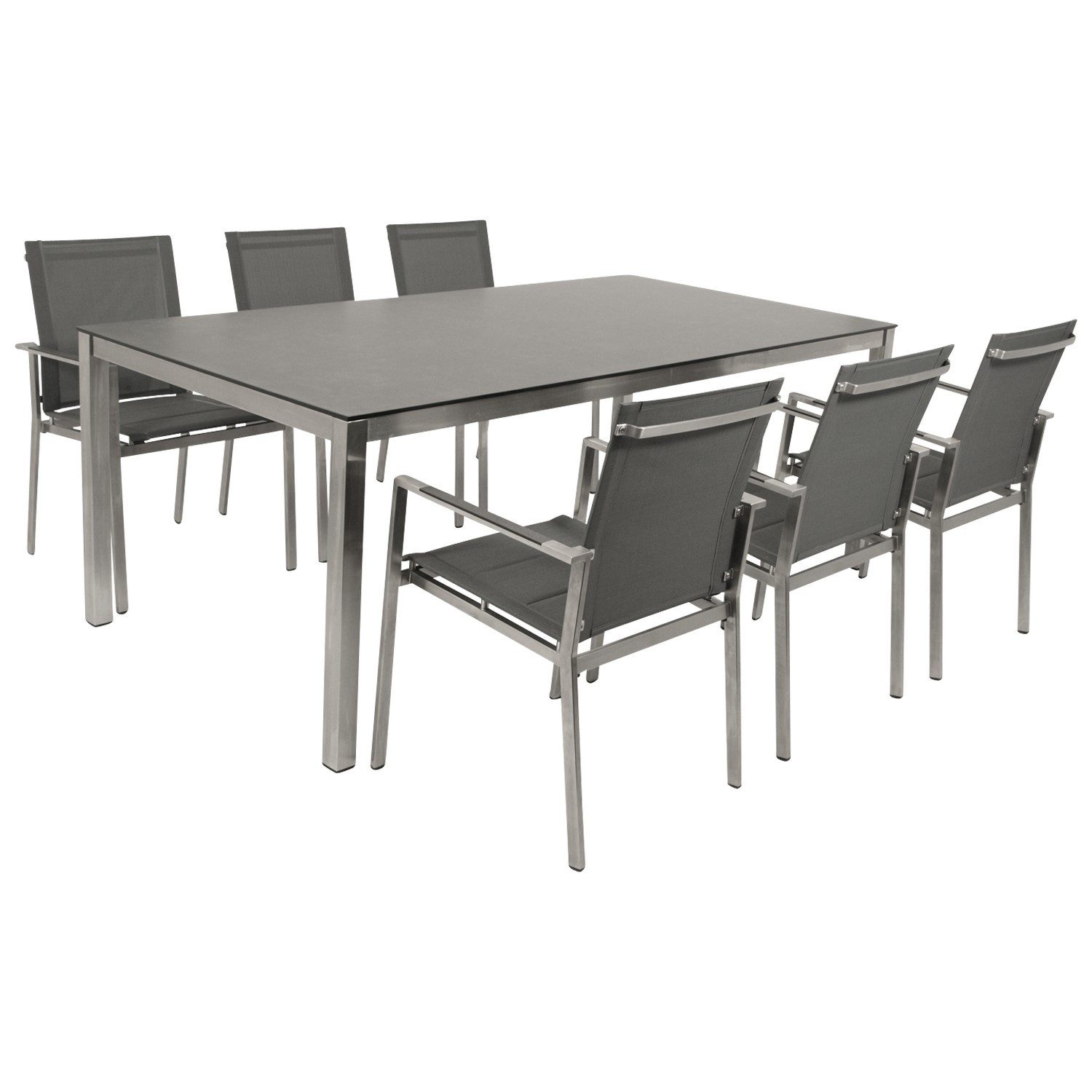 DEGAMO Garten-Essgruppe SYDNEY Edelstahl, (7-tlg., 6x Stapelsessel, 1x Tisch 200x100cm), Oberfläche gebürstet, Tischplatte Keramikoptik, wetterfest