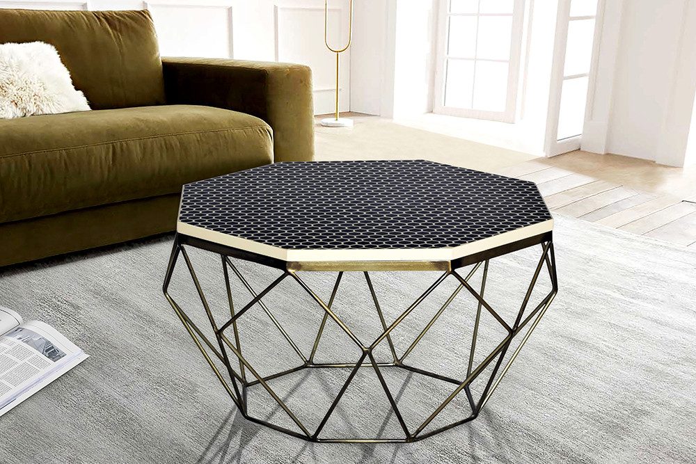 riess-ambiente Couchtisch DIAMOND 70cm schwarz/weiß - Achteckig, Mosaik, Messing, Kunsthandwerk (Einzelartikel, 1-St), moderner Beistelltisch - ideal für Arbeits-, Gäste- & Wohnzimmer