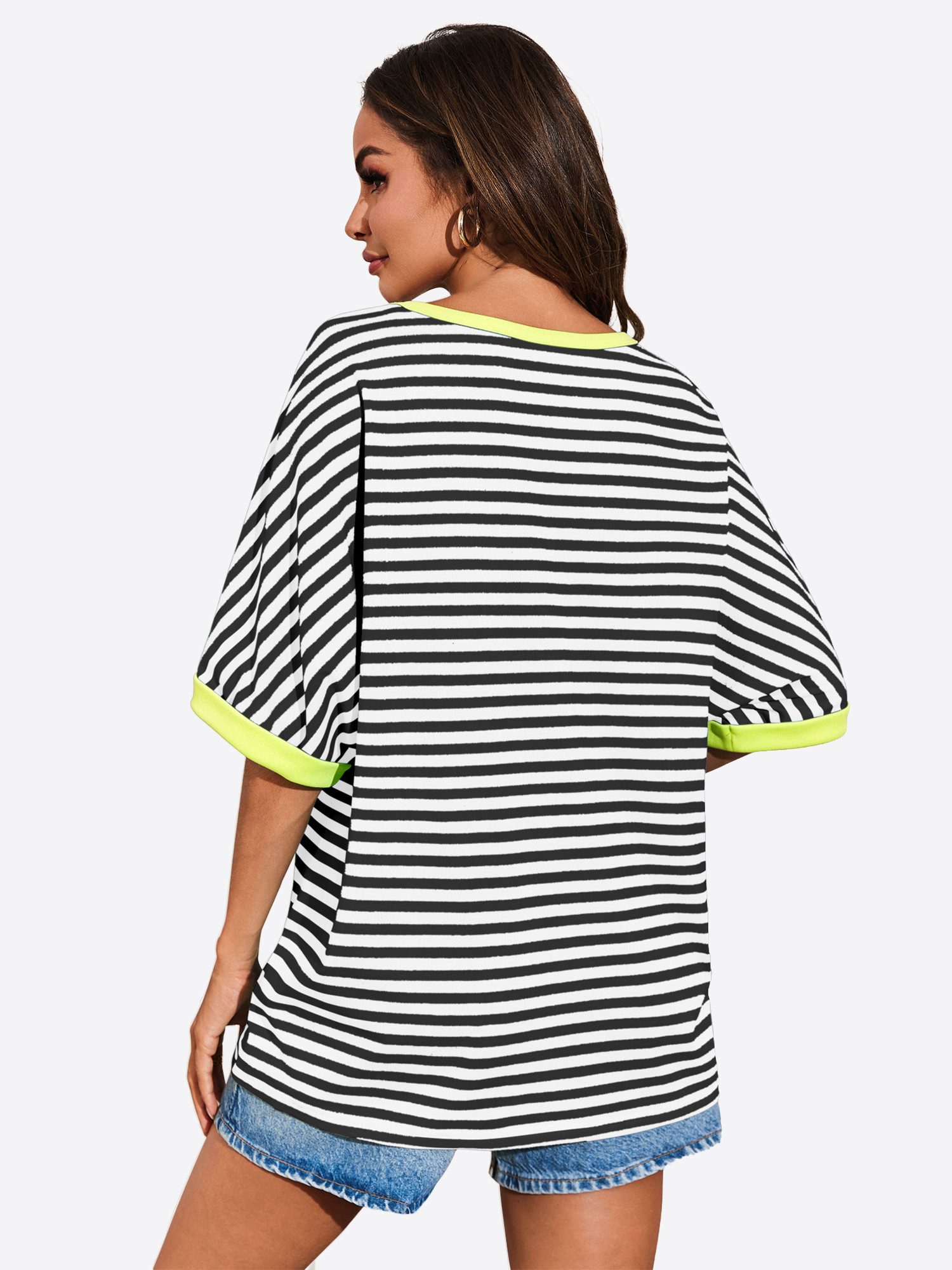 Imily Bela T-Shirt Damen Oversize Streifenmuster und Kontrastborten Relaxed günstig online kaufen