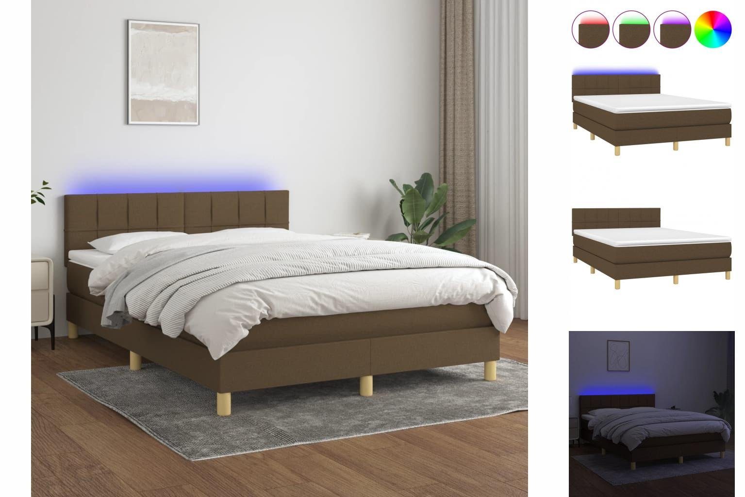 vidaXL Bettgestell Boxspringbett mit Matratze LED Dunkelbraun 140x200 cm Stoff Bett Bett