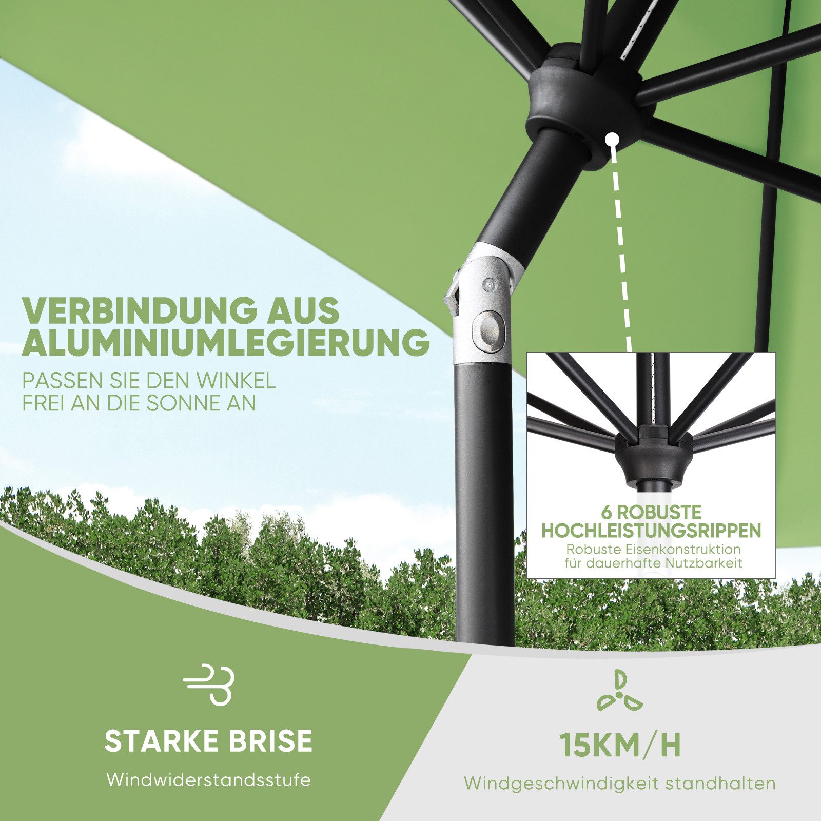 Sekey Sonnenschirm 210 x 140 cm Aluminum Sonnenschirm Rechteckig Marktschirm mit Kurbel, LxB: 210,00x140,00 cm, mit/ohne LED-Lichtern, Sonnenschutz UV50+, Garte – Bild 4 von 5