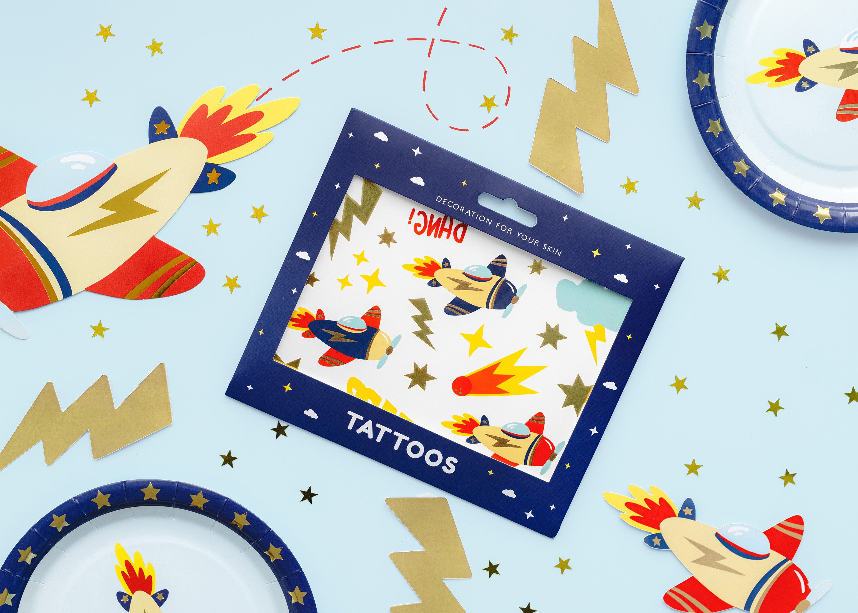 partydeco Kindertattoo, Temporäre Tattoos zum Aufkleben auf die Haut Flugzeug