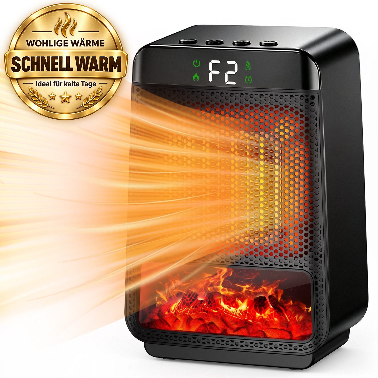 JoJoego Heizlüfter Elektrischer Heizlüfter mit 3D-Flammeneffekt, leise & energiesparend, mit 2 Heizstufen,LCD Anzeige,4 Timer,Überhitzungs- und Kippschutz