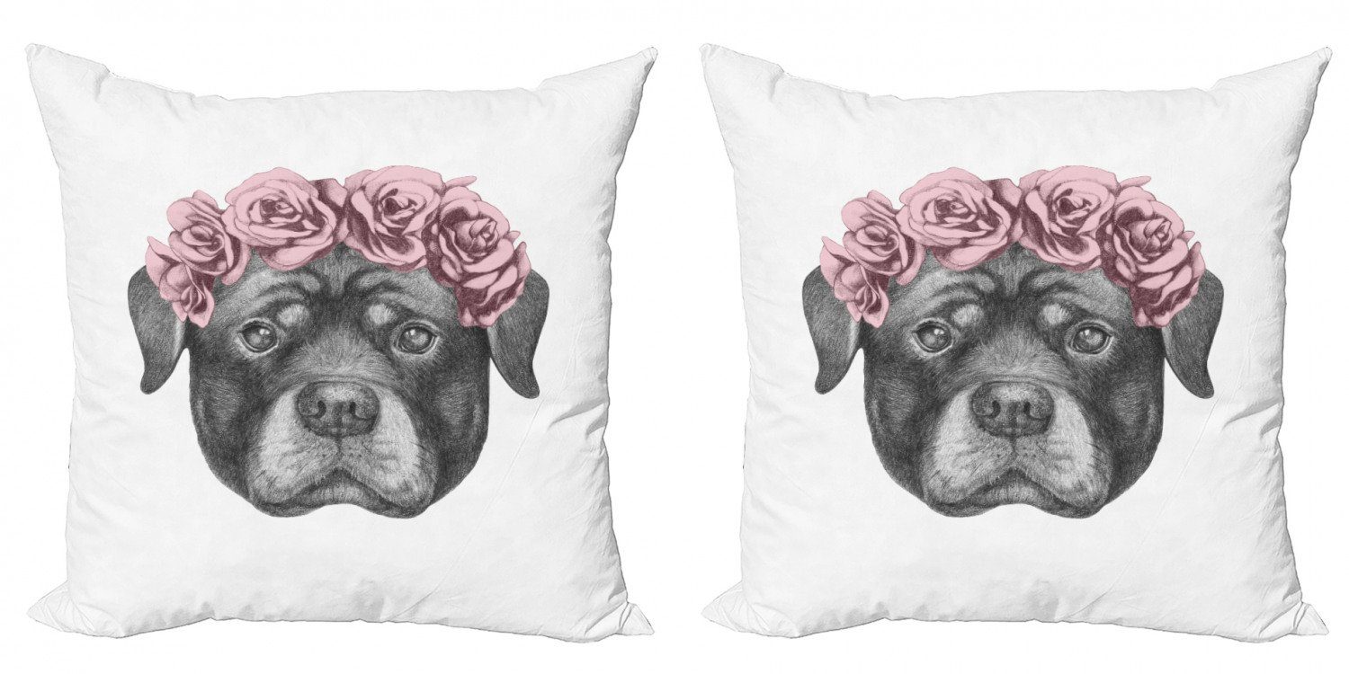 Kissenbezüge Modern Accent Doppelseitiger Digitaldruck, Abakuhaus (2 Stück), Rottweiler Portrait von Hund in Roses