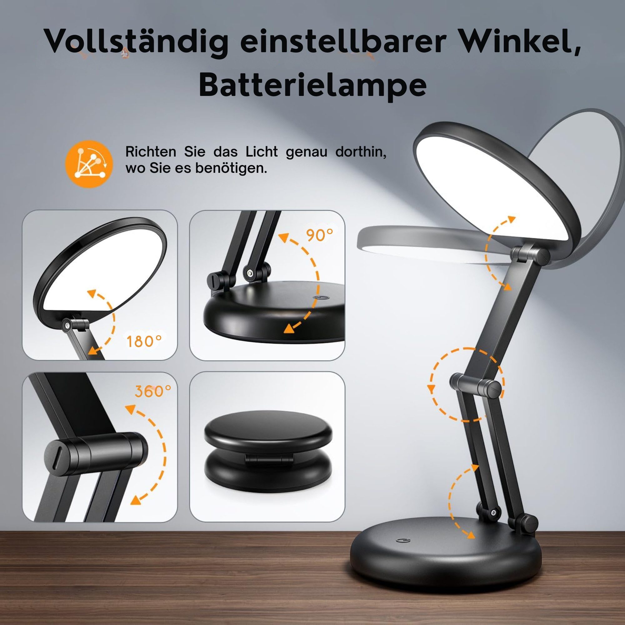 Vivitar LED Schreibtischlampe 3600-mAh Wiederaufladbare, 3600-mAh Tischlampe, klappbar, 300 Lumen, 4000 K natürliches Licht, Tageslichtweiß, 10 Helligkeitsstufen, Touch-Dimmer, Speicherfunktion, augenschonendem