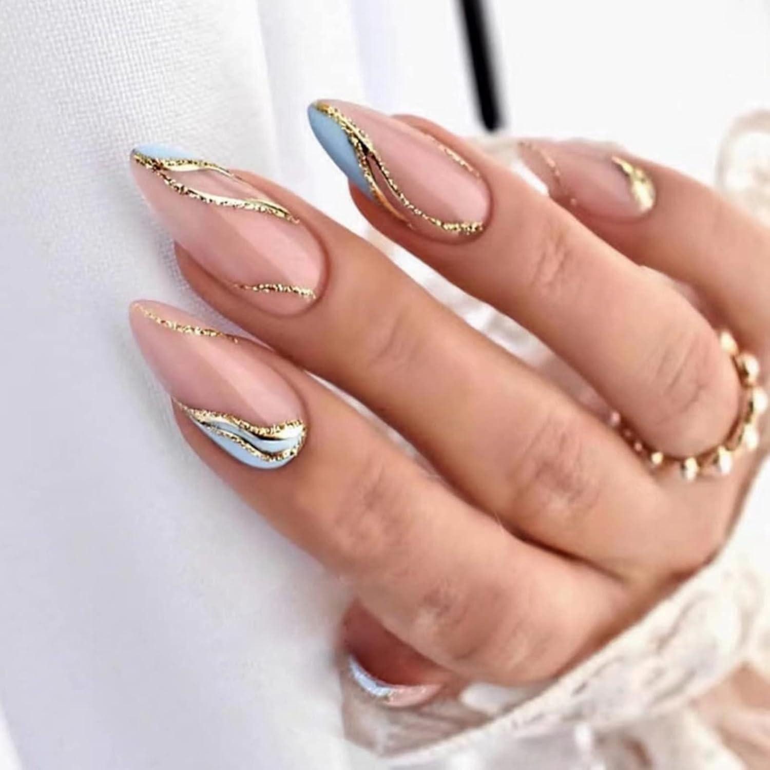 Kunstfingernägel 24 Stück Gold Glitzer Wavy Mandel Nägel Zum Aufkleben Babyblau French