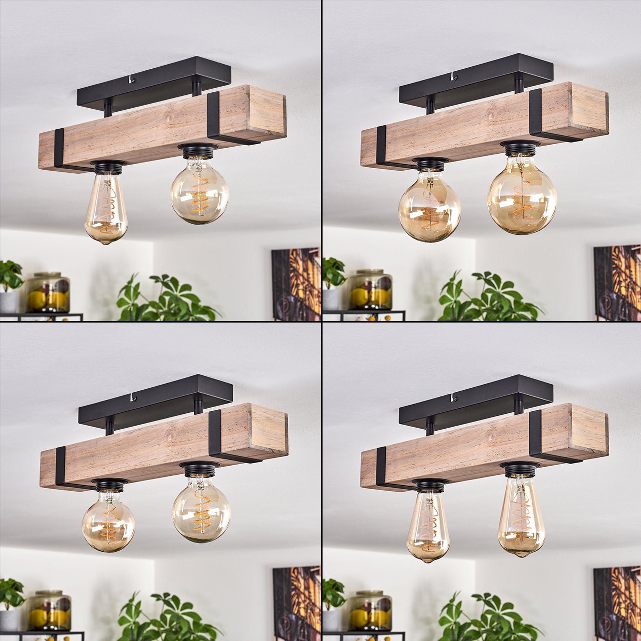 hofstein Deckenleuchte moderne Deckenlampe aus Metall/Holz in Schwarz/Natur, ohne Leuchtmittel, im industrial Design mit Holzbalken, 2 x E27, ohne Leuchtmittel