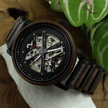 Holzwerk Automatikuhr CLINGEN Herren Edelstahl & Holz Armband Uhr, matt schwarz, braun