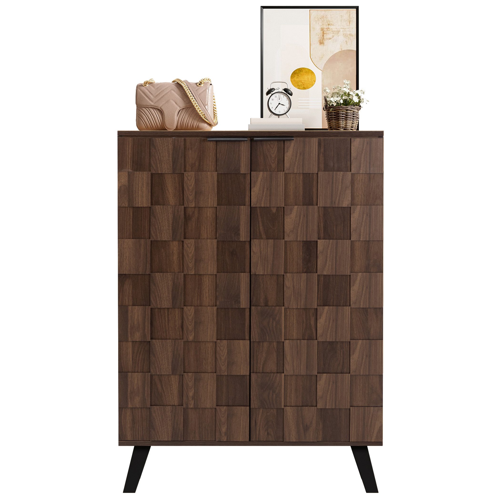 SeedWave Schuhschrank Schuhregal in Holzoptik mit Quadrat-Relief, 5 Geschlossenen Fächer 35cm Tiefe, Verstellbare Einlegeböden