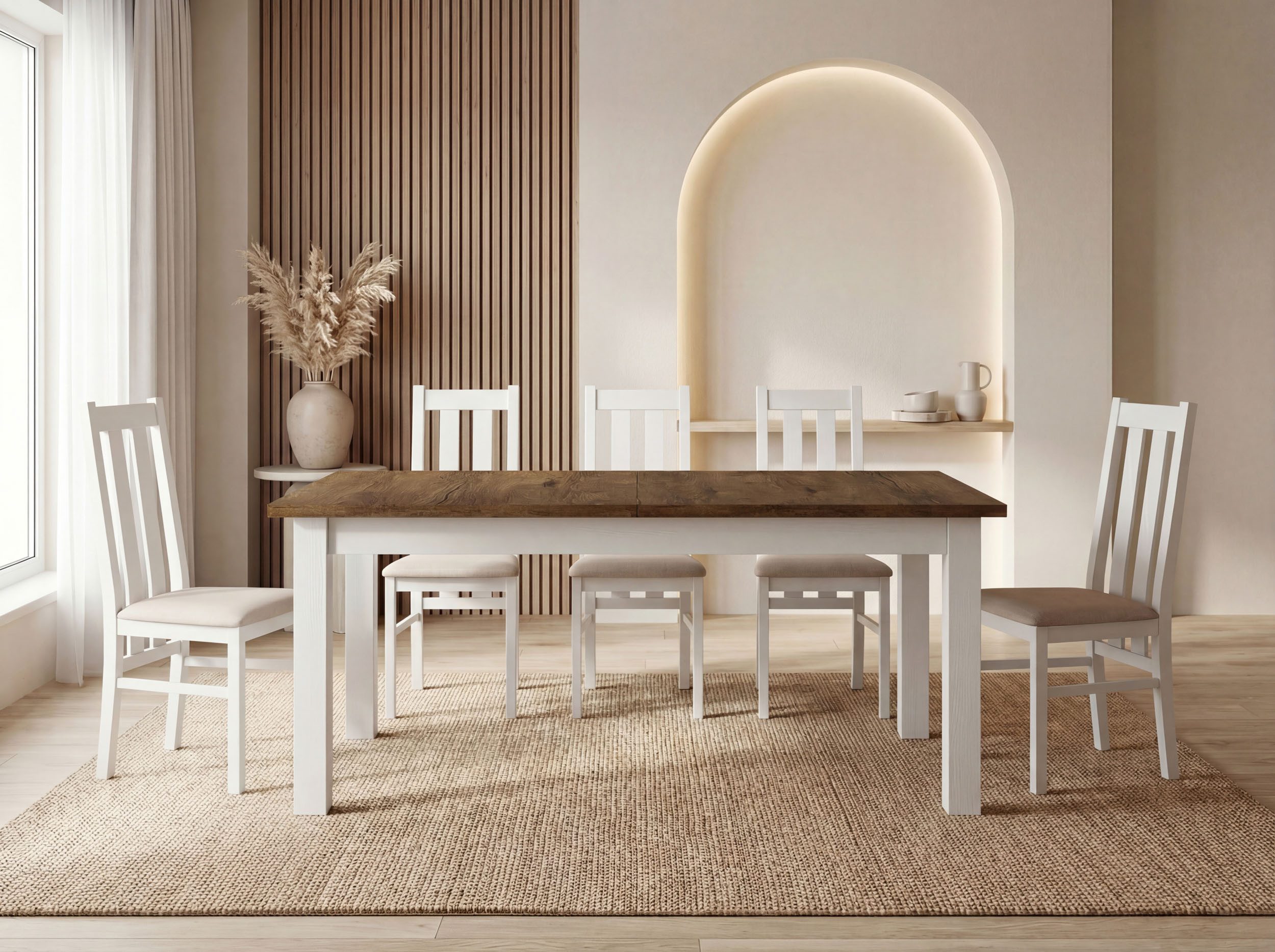 WFL GROUP Esstisch Lindberg ausziehbar verlängerbar rechteckig mit weißen Holzbeinen (MADE IN EU, XXL Groß– 120/140/150/160/200 cm ausziehbar auf 160/180/190/240/300 cm), platzsparender Tisch in Holzoptik für Küche, Esszimmer oder Wohnzimmer