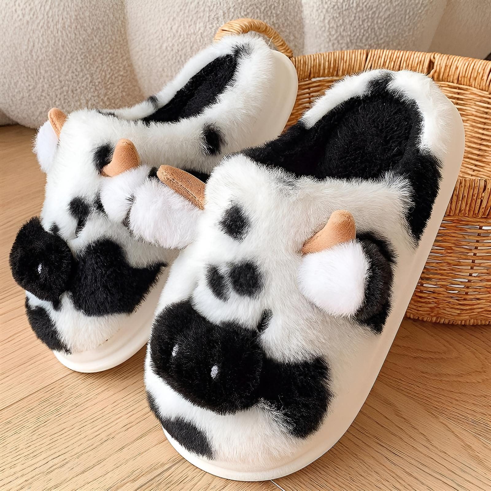 Corimori Flauschige Kuh Pantoffeln im MuhKuh-Design Plüsch Hausschuhe (Packung, Geschenk) lustige Plüsch Slipper für Kinder und Erwachsene, EU Größe 34-35