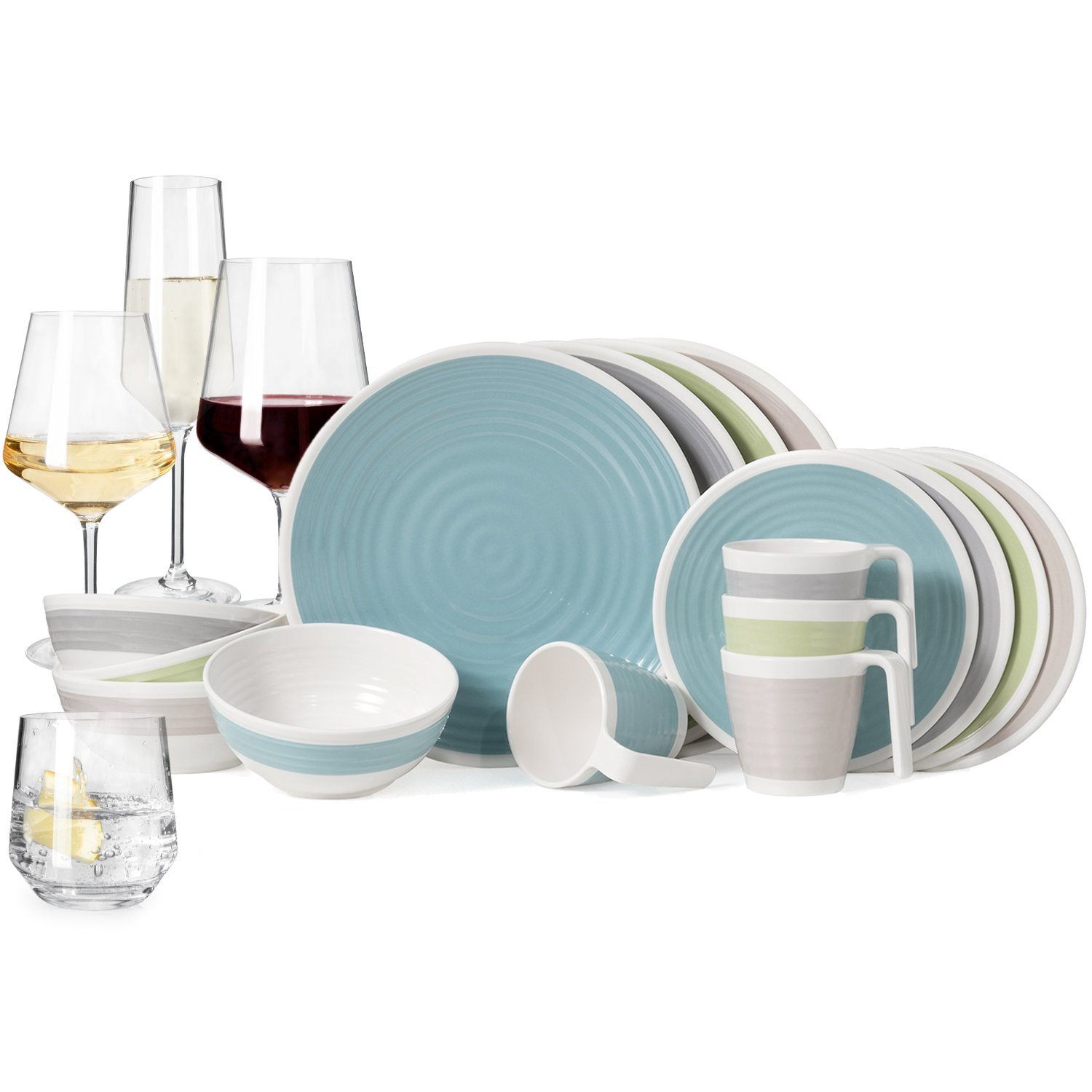 Moritz Geschirr-Set Camping Geschirr Harmonie für 4 Personen + 16 Milano Gläser