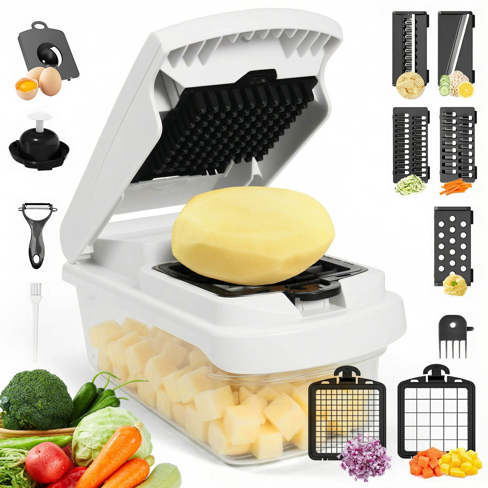 BlingBin Gemüseschneider 15-in-1 Gemüsehobel mit 7 Austauschbaren Klingen, Küchenreibe, Gemüse Schneider Würfelschneider für Kartoffeln Gurken Früchte