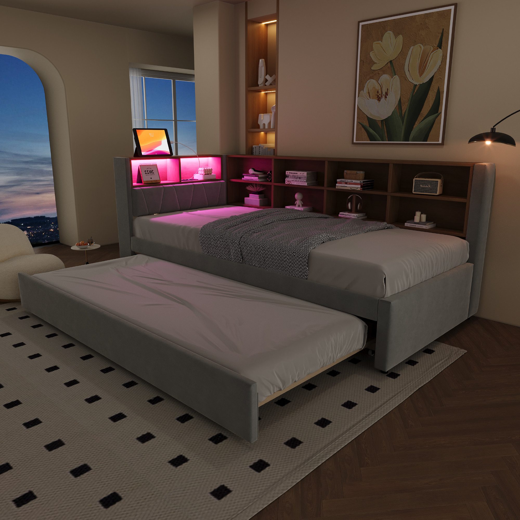 Flieks Daybett, Kinderbett Polsterbett 90x200cm mit LED Steckdose Ausziehbett 90x190cm