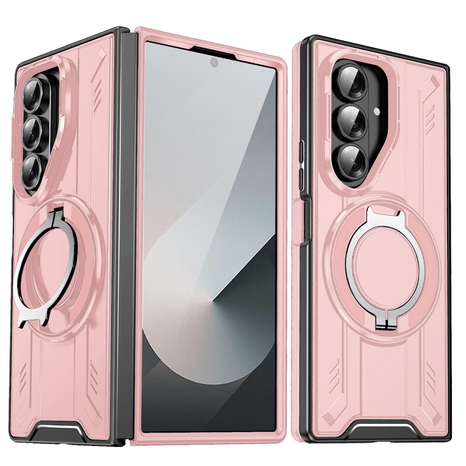 Wigento Handyhülle Für Samsung Galaxy Z Fold7 5G MagSafe 360 Grad Ringhalter Hülle Rosa, MagSafe Hülle mit integriertem Ringhalter und Schutzkante