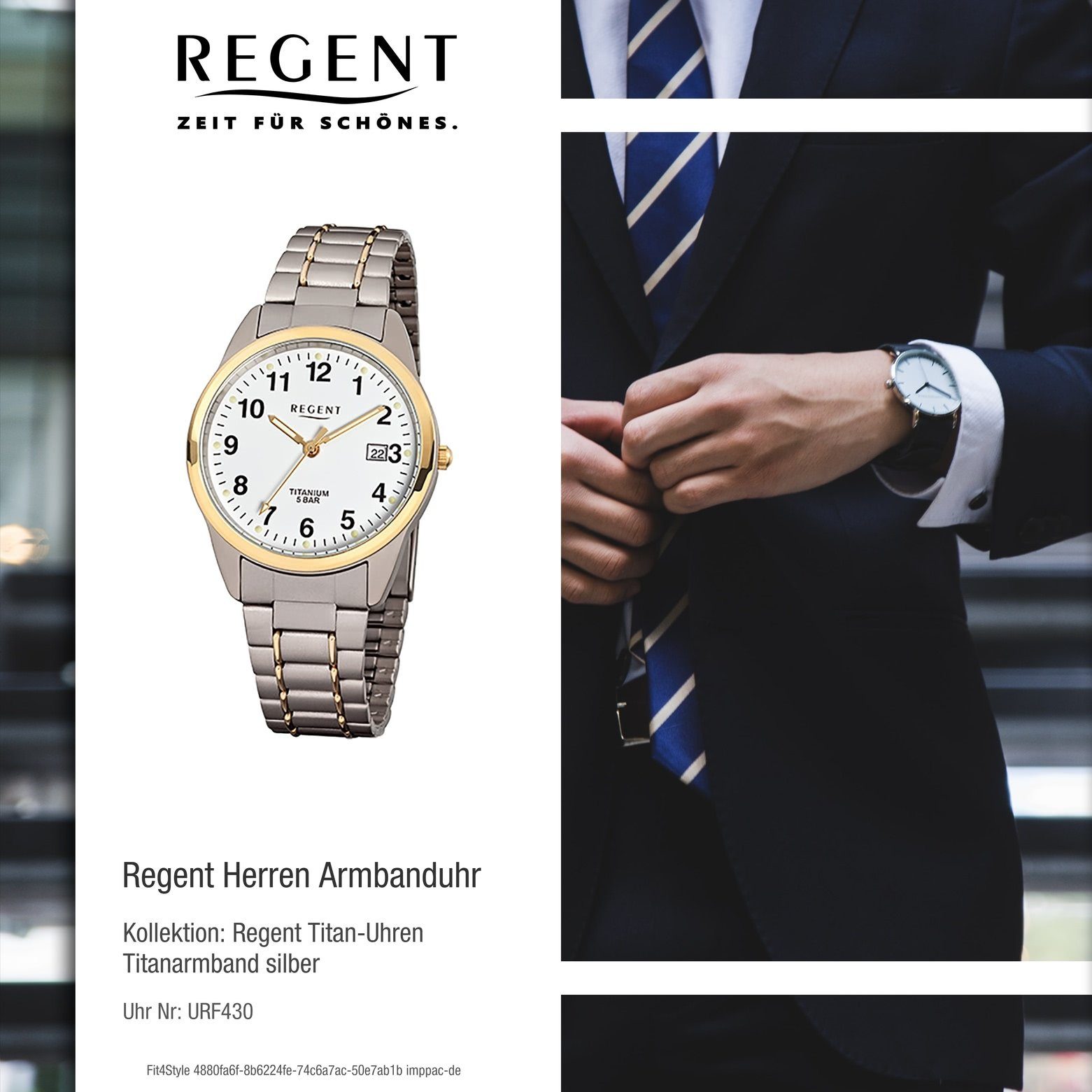 gold, Armbanduhr 36mm), rund, Quarzuhr Herren Regent Herren-Armbanduhr (ca. mittel Titanarmband Regent silber grau