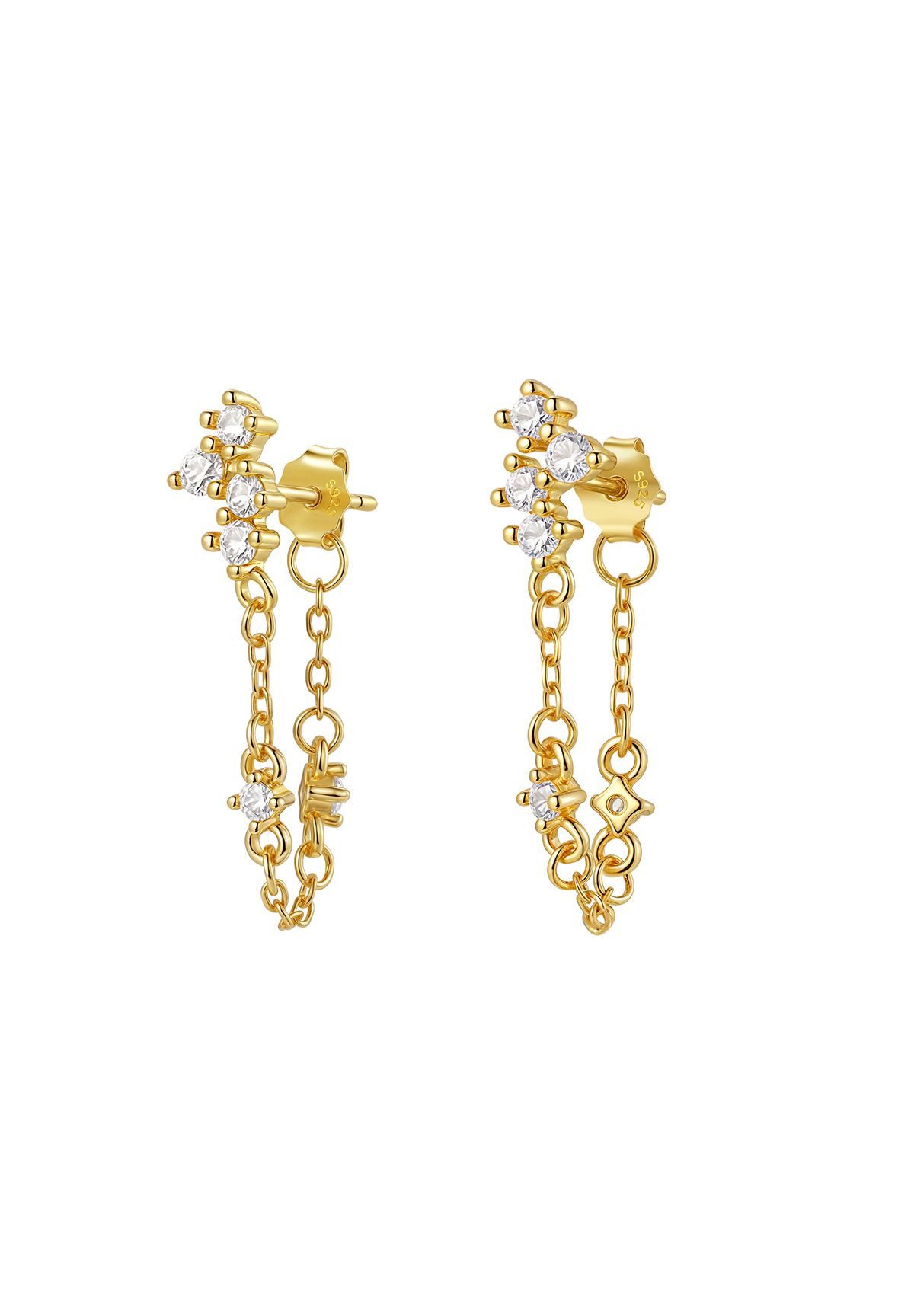 Hey Happiness Paar Ohrhänger Edelstein-Ensemble Ohrstecker mit Kette, Filigrane Damen Kettenohrringe aus 925 Silber, vergoldet