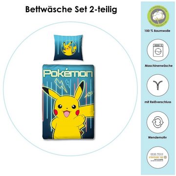 Kinderbettwäsche Pokemon "Glow" 135x200 80x80 cm aus 100% Baumwolle mit Reißverschluss, Familando, Renforcé, 2 teilig, mit Pikachu und Pokebällen