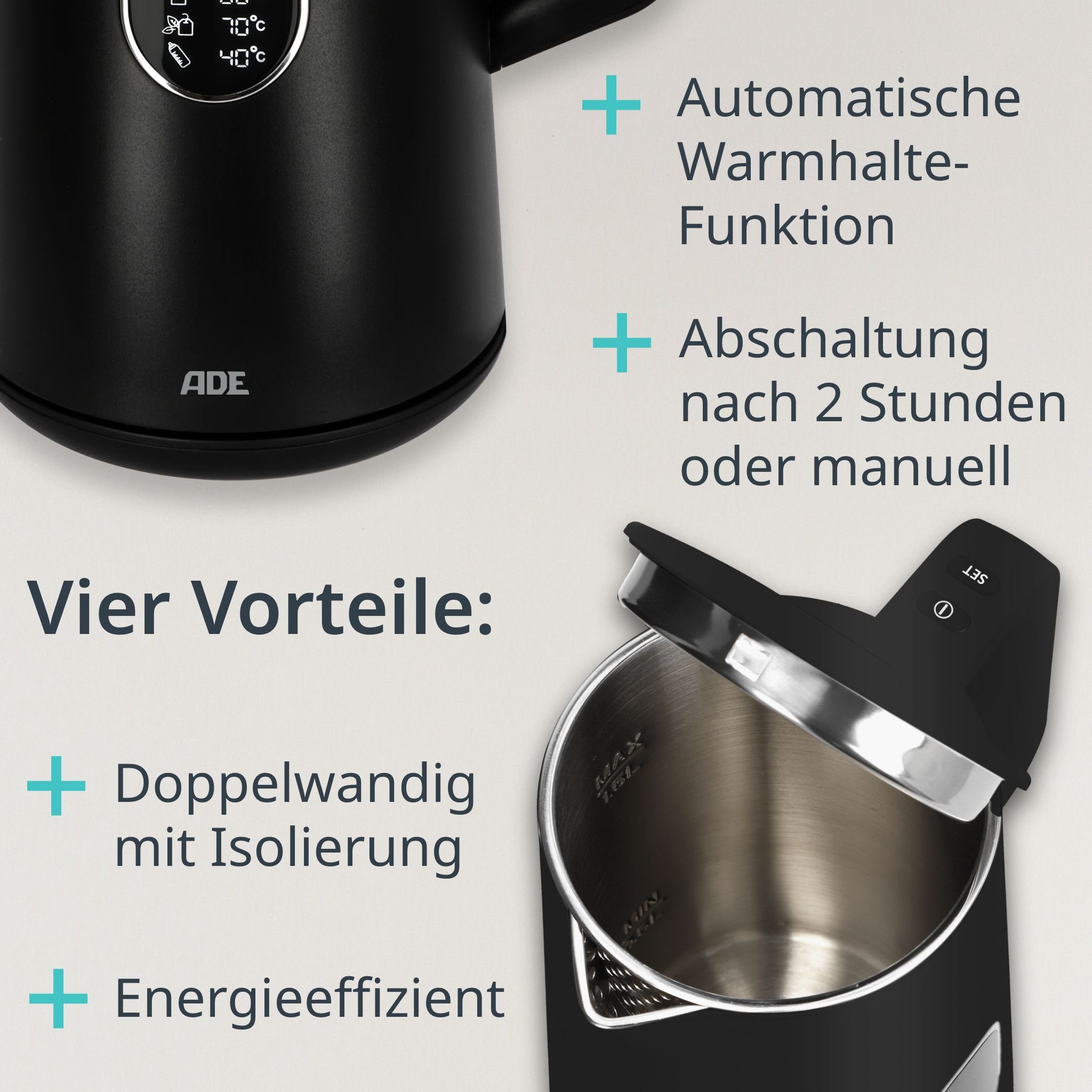 ADE Wasserkocher Energiesparender Wasserkocher mit Temperatureinstellung & LED-Display, 1.5 l, 1800 W, 5 wählbare Temperaturstufen (40-100°C), Warmhalte-Funktion, 1800 W