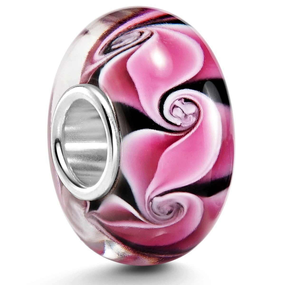 Materia Bead Glasperle Rosa Schwarz Wirbel 347, Hülse aus 925 Sterling Silber