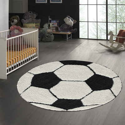 Kinderteppich Runder Fußball-Kinderteppich mit 3D-Effekt in schwarz weiß, TeppichHome24, rund, Höhe: 20 mm