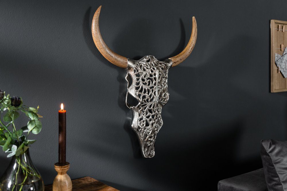 riess-ambiente Wanddekoobjekt EXOTIC BULL 57cm silber / natur, Wohnzimmer · Metall · Stierkopf · Skulptur · Wanddekoration