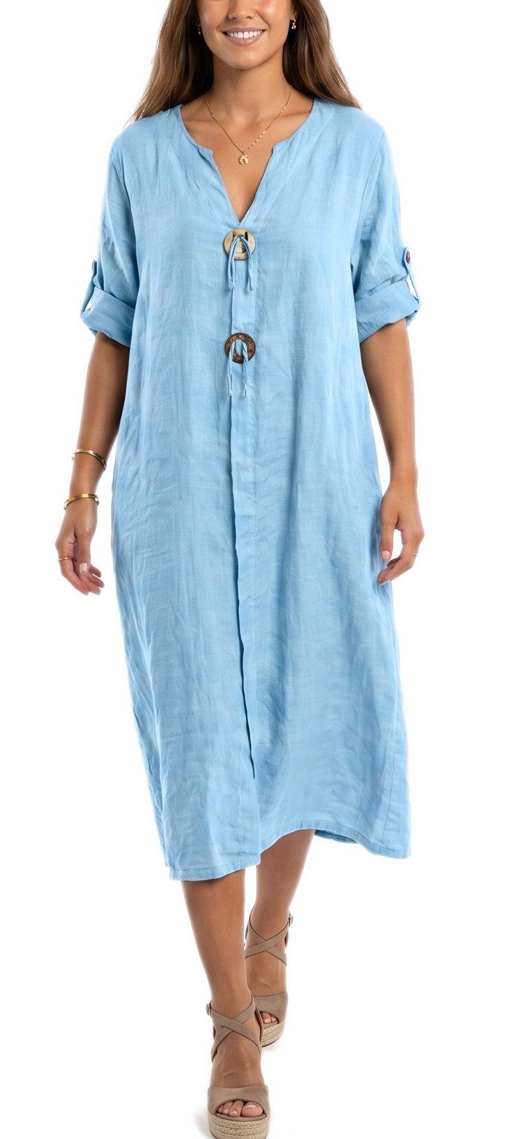 dy_mode Hemdblusenkleid Damen Leinenkleid Midi Hemdblusenkleid mit V-Ausschnitt Freizeitkleid in Unifarbe, V-Ausschnitt, mit seitlichen Eingriffstaschen