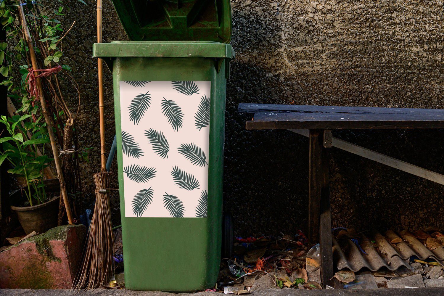 Container, MuchoWow Palmwedel Rosa Mülleimer-aufkleber, - Abfalbehälter Sticker, Sommer Mülltonne, (1 Wandsticker - St),