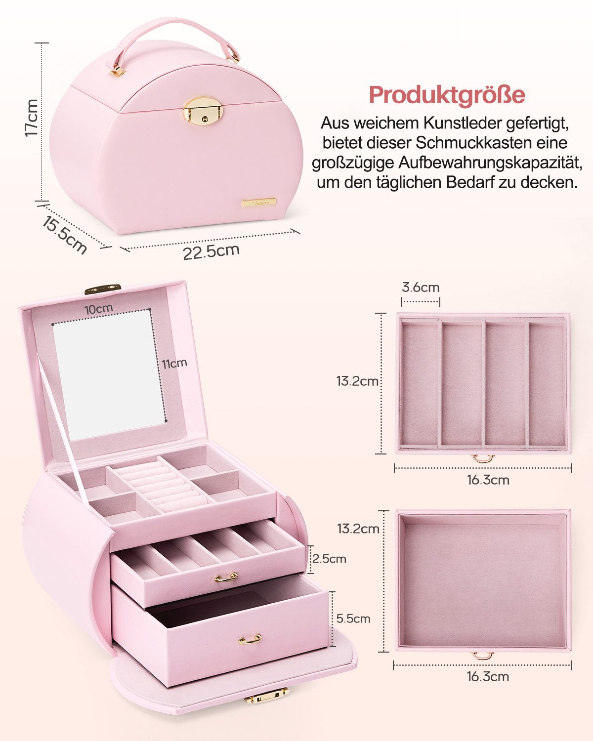 Yorbay Schmuckkasten Schmuckkoffer komplett abschließbar Schmuckkasten (Mit 3 Ebenen, Mit Spiegel), Schmuckkästchen für Halsketten, Ringe, Armbänder, Ohrringe,  – Bild 3 von 5