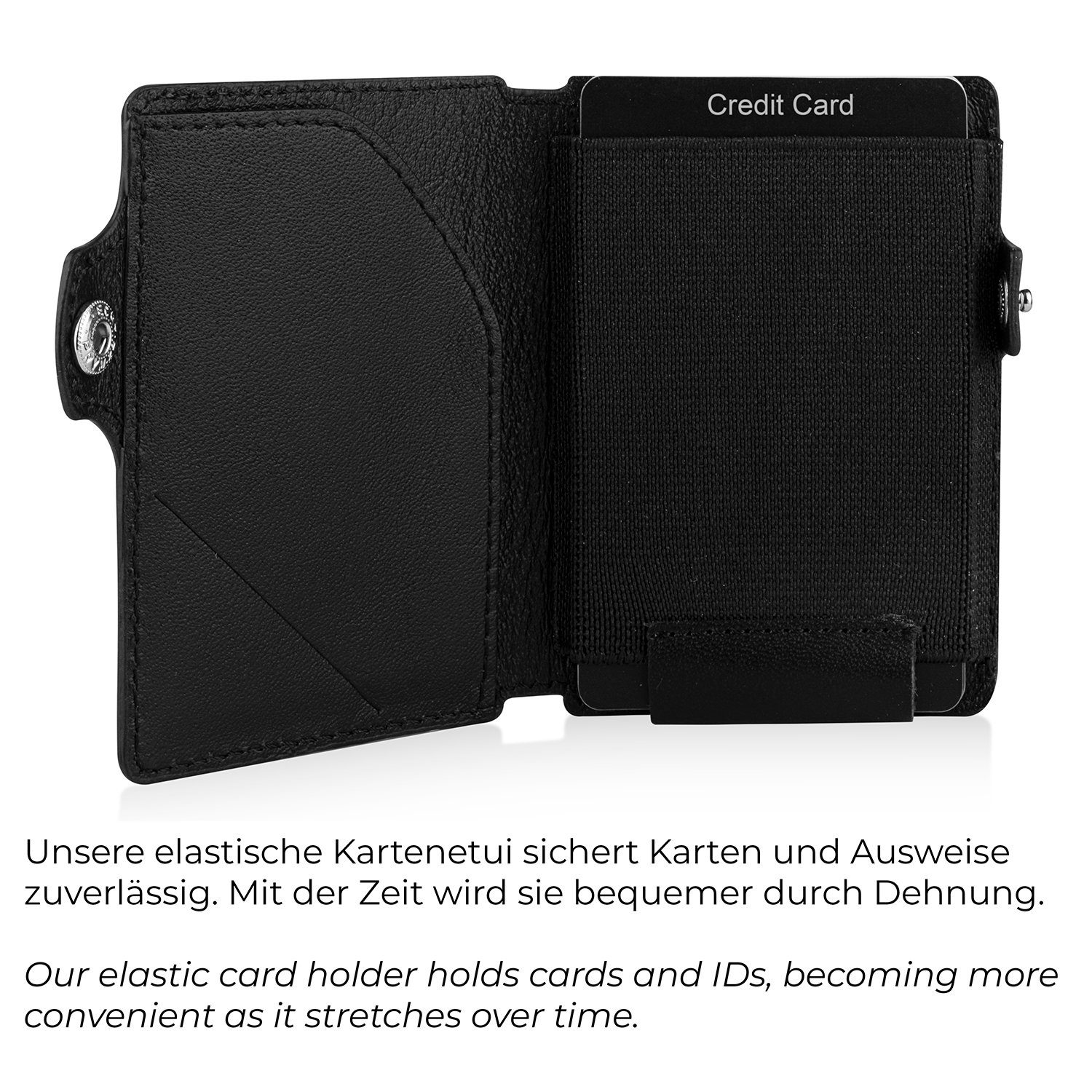 MAGATI Mini Geldbörse Echtleder Kartenetui für aus bis AirTag Kartenhalter mit mit Wallet Herren zu elastischem Schwarz mini (mit kleines 14 Hülle, Karten Geschenkverpackung)
