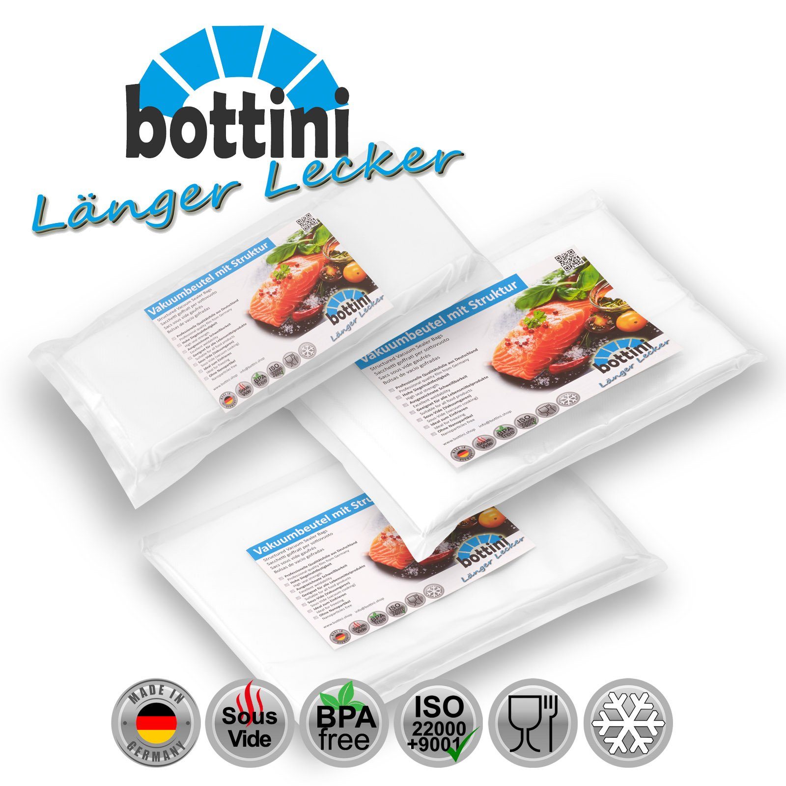 Bottini Vakuumierbeutel 150 Vakuumbeutel je 50 Stk. 15x30, 20x30, 25x35 cm strukturiert, Zubehör für Alle Balken Vakuumierer wie CASO, WMF, FreshVAC, Rommelsbacher, Gastroback, Foodsaver, Solis, Lava, Leifheit sowie alle Vakuumiergeräte von Silvercrest od