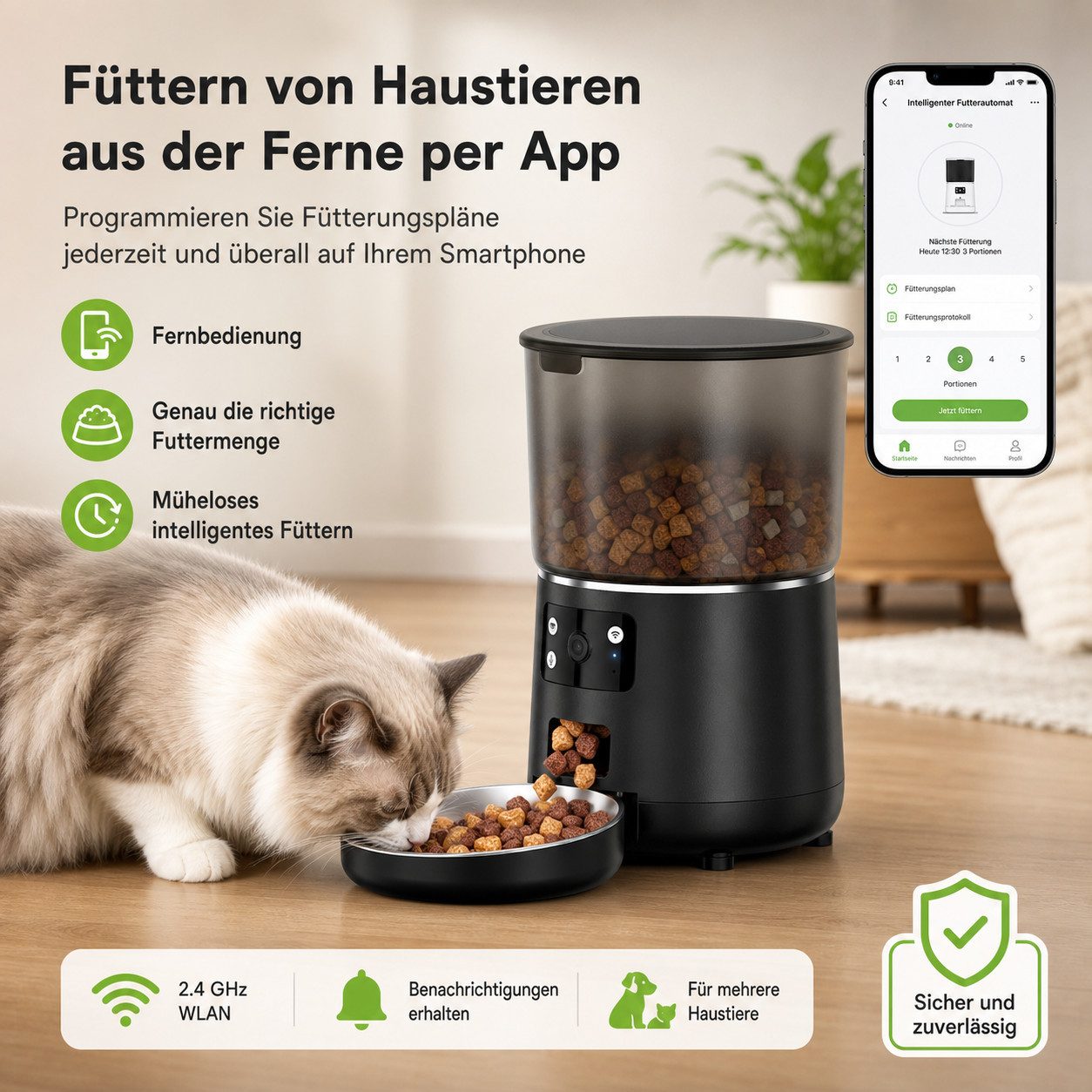 Cetipaw Katzen-Futterautomat Futterautomat Katzen mit Kamera, 2.4G/WiFi Futterautomat Kleine Hunde, Trockenfutter Automat mit APP-Steuerung, Zwei-Wege-Audio, Nachtsicht