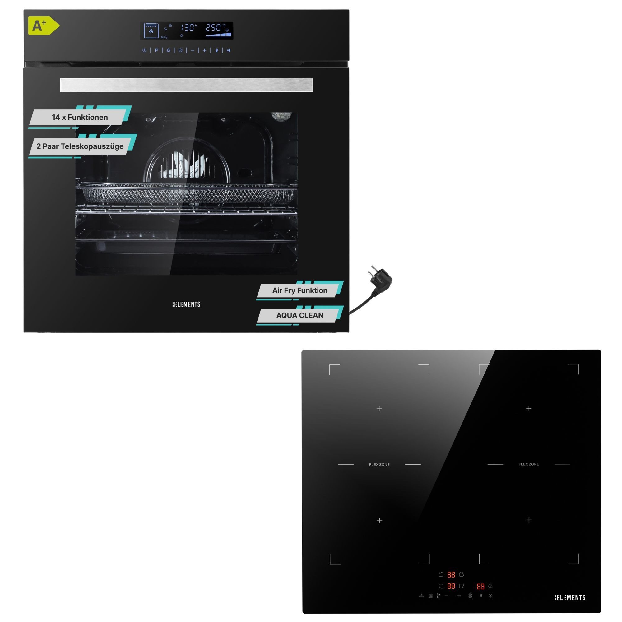 KB Elements Induktions Herd-Set Einbaubackofen 60 cm mit 4-Zonen Induktionskochfeld 60 cm, mit 2-fach-Teleskopauszug, AQUA CLEAN, Einbaubackofen Full Touch mit 15 Funktionen, doppelte Flexzone