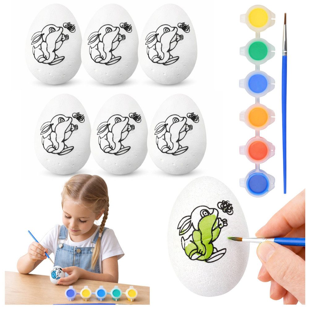 LEAN TOYS Kreativset Ostereier Bastelset Malset, (Spar-Set, 6-tlg., 5,5 x 3,5 cm bemalbar), Hasenmotiv, 6 Farben, Pinsel, bemalbar