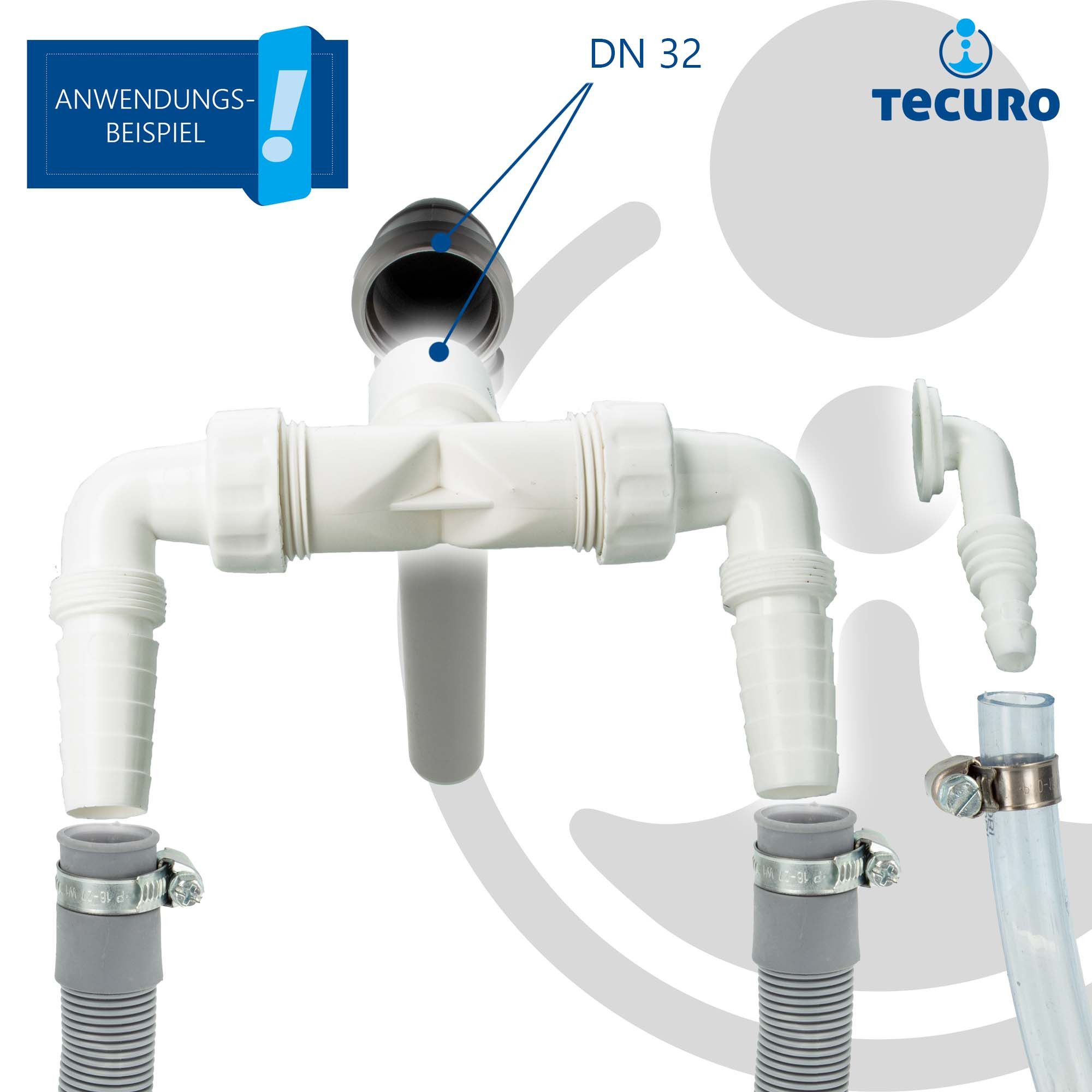 tecuro Ablaufrohr Ablauf-Doppelanschluss für 2 x Waschmaschine und/oder Trockner, Wandanschluss Ø 32 mm – Bild 4 von 5