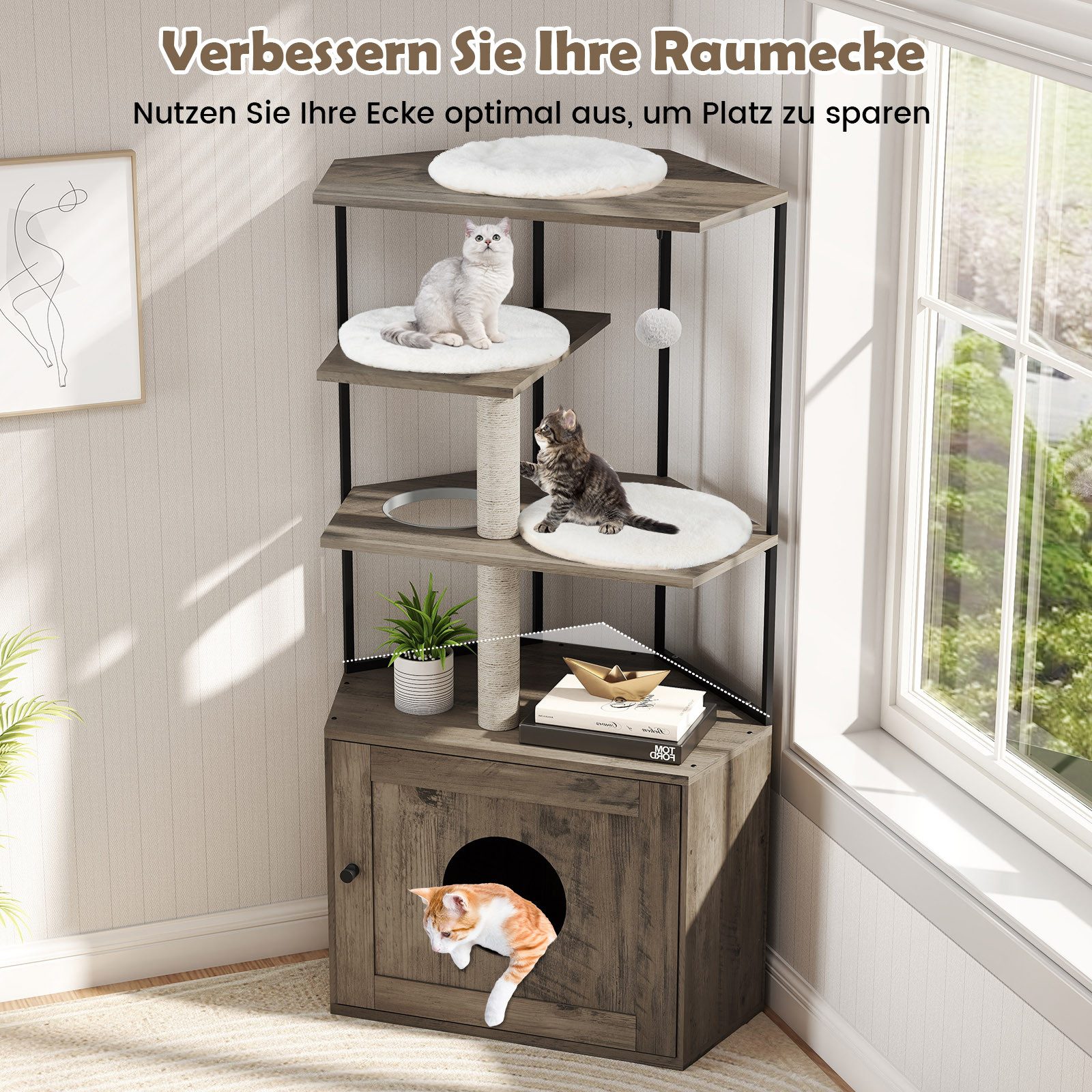 COSTWAY Tierhaus, Kratzbaum mit Katzenklo Schrank, Katzenschrank, Katzenhaus