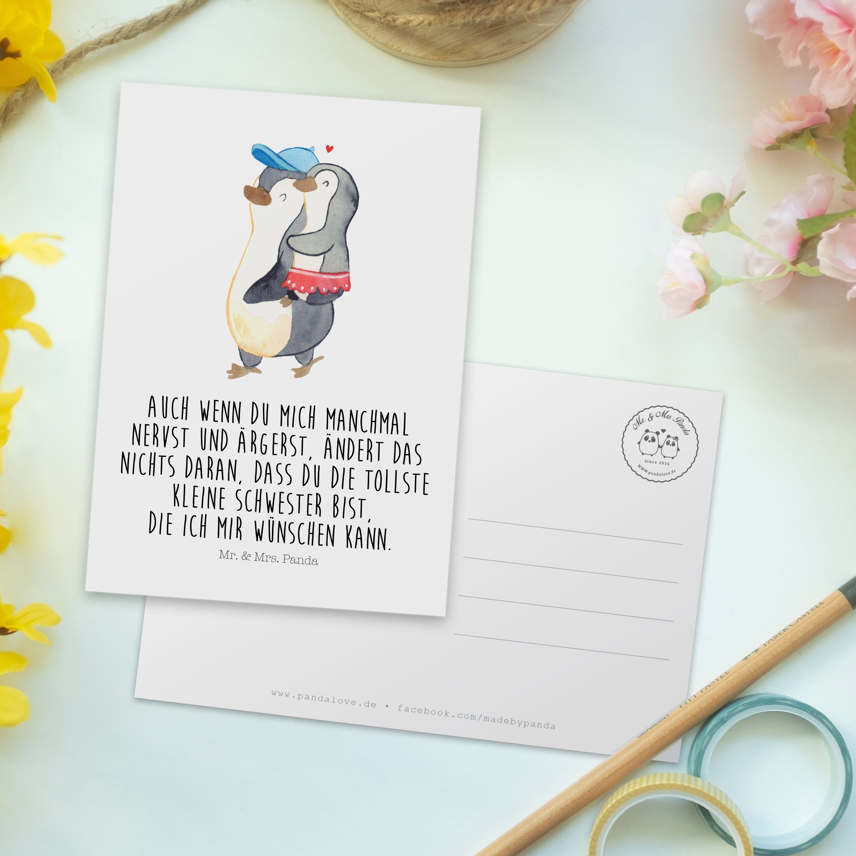 Mr. & Mrs. - Sister, Pinguin Weiß - Postkarte Geschenk, To Kleine Panda Schwester Ansichtskarte