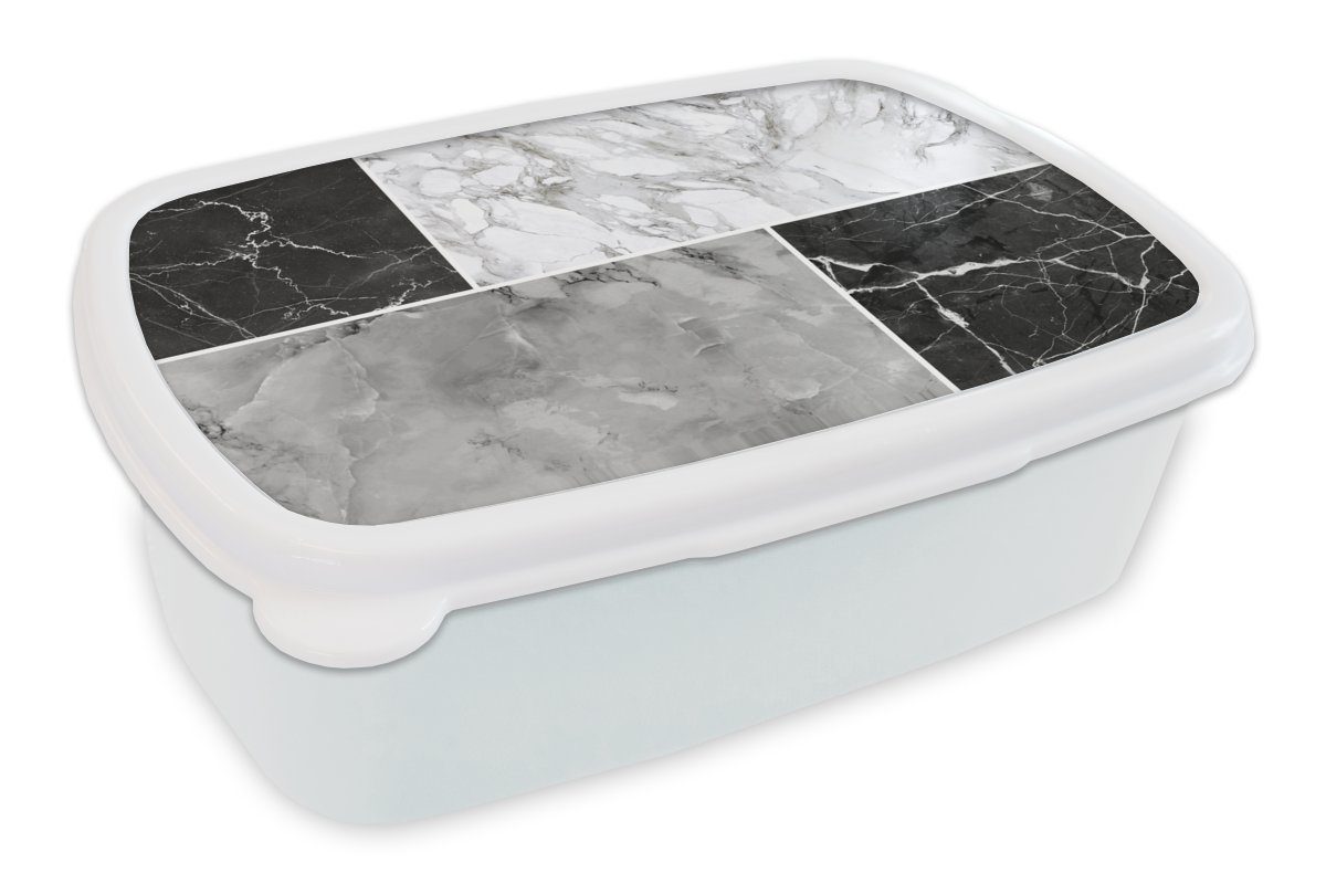 MuchoWow Lunchbox Marmor - Weiß - Schwarz - Grau, Kunststoff, (2-tlg), Brotbox für Kinder und Erwachsene, Brotdose, für Jungs und Mädchen